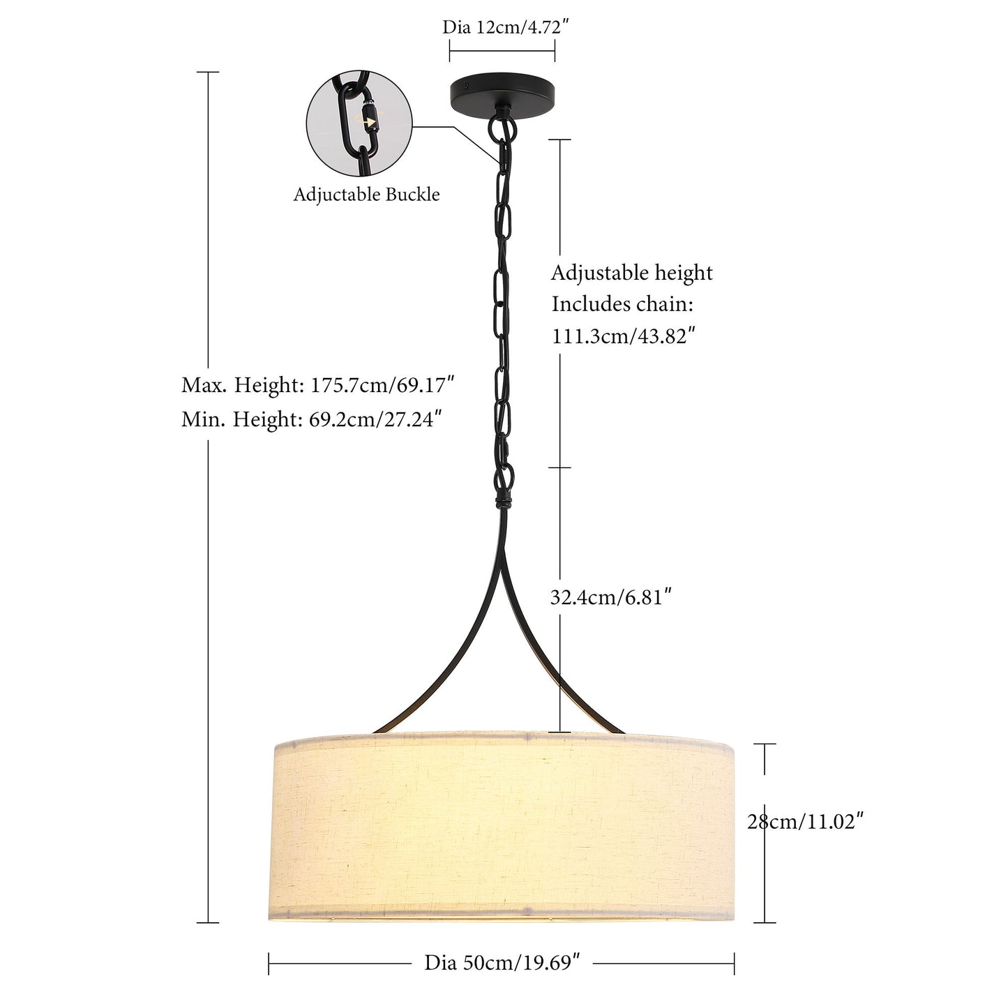 3 Light Pendant Light Adjustable Drum Chandelier, Shade Ceiling Light Fixture - Beige White / Black