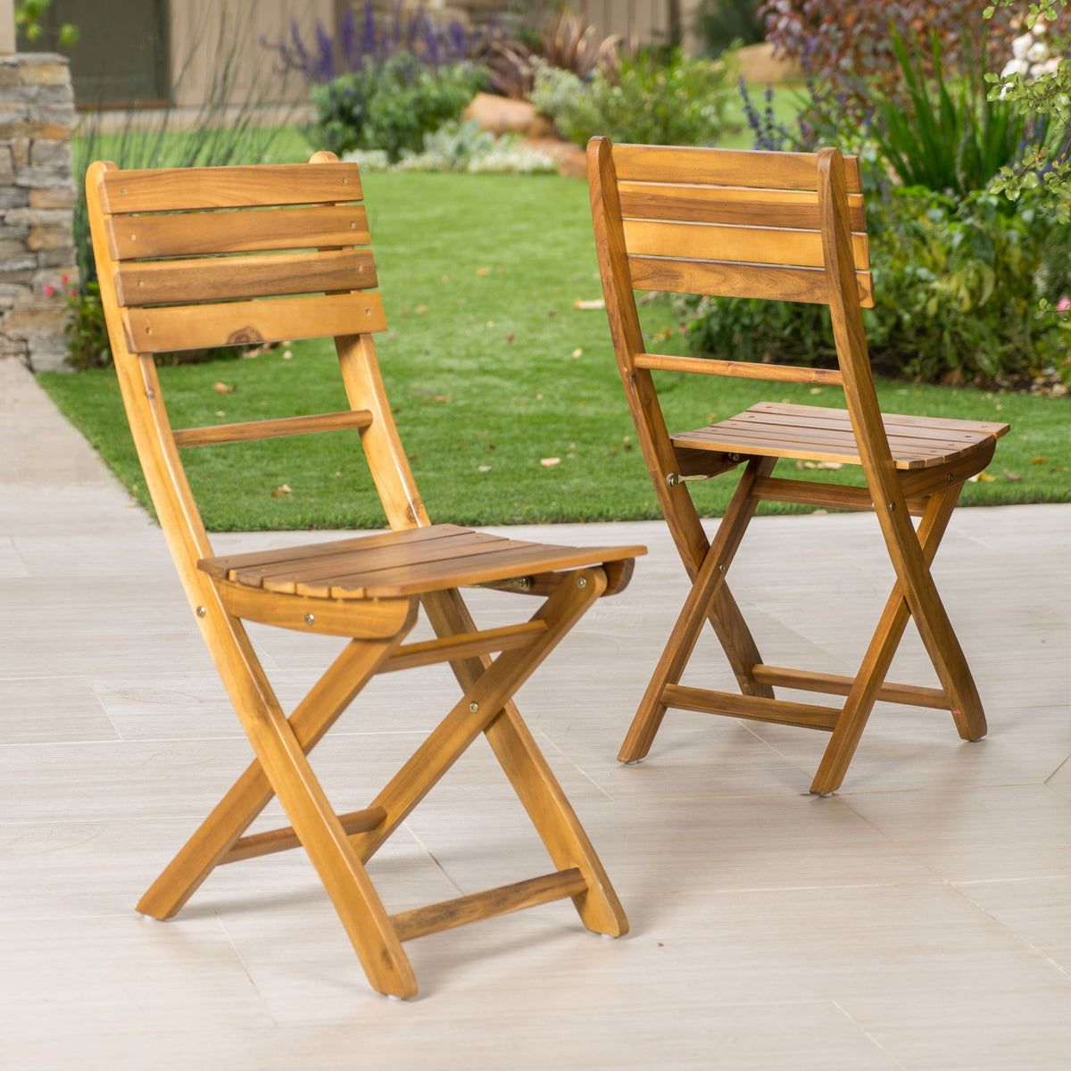 Outdoor Foldable Wood Dining Chair With Slat Design (Set of 2)