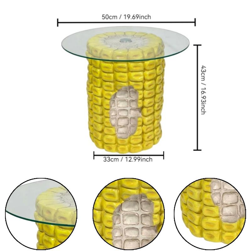 17.32" High Novelty Corn Cob Side Table, 19.69" Wide Vegetable-Shaped End Table With Glass Top, Multi-Functional Accent Furniture For Home & Garden Decoration