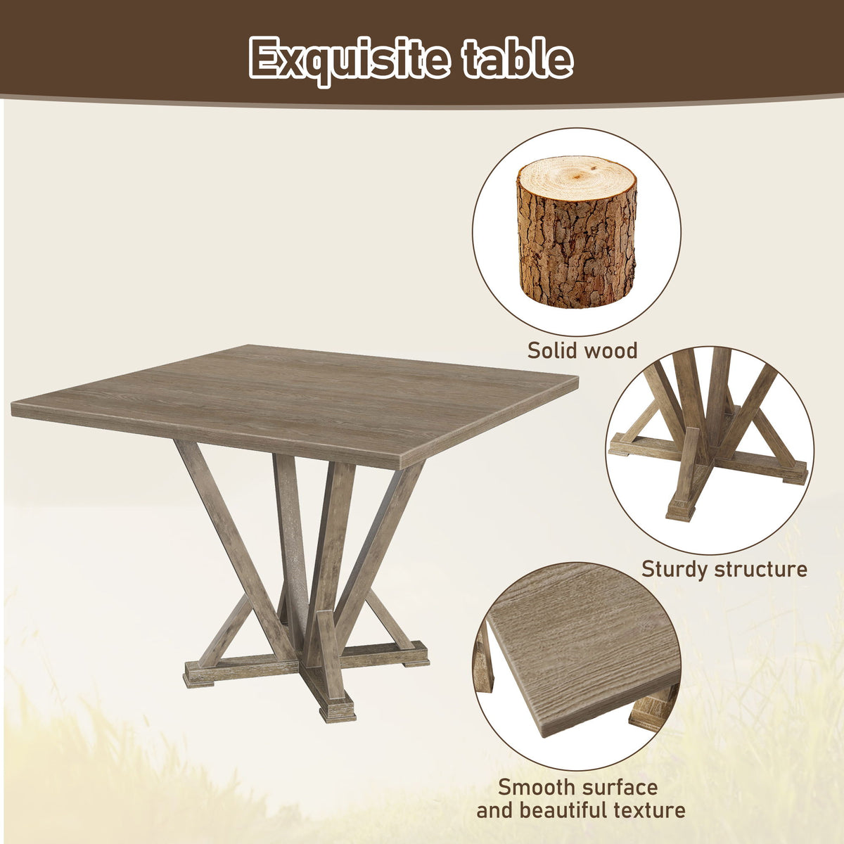 Modern Farmhouse Square Counter Table Solid Wood Rubberwood Antique Finishing Rustic Look Distressed Look Wire Brushed For 4 Seaters - Grayish Brown