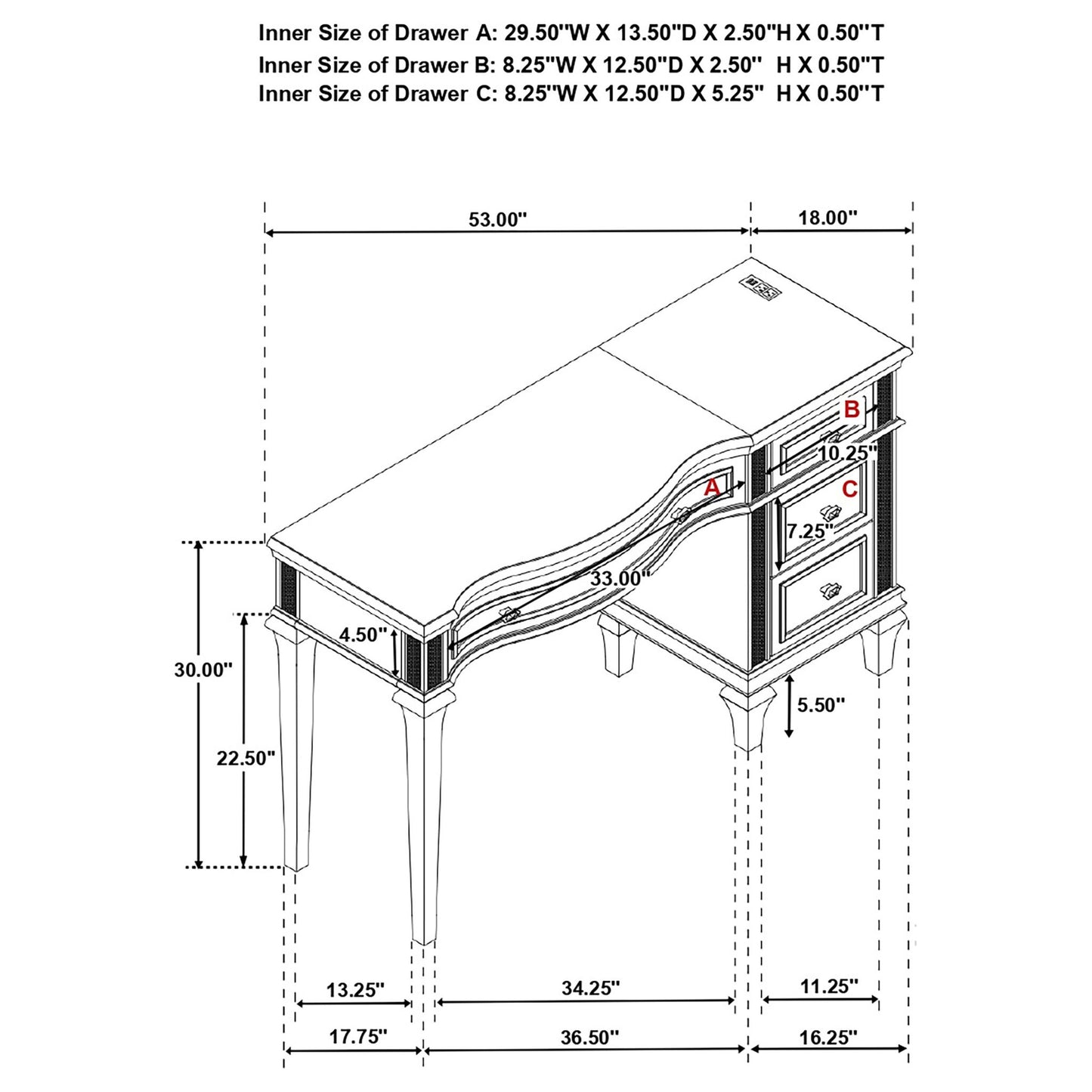 Colwood - 4 Drawer Vanity Desk With And Built In Charging - Silver Gray