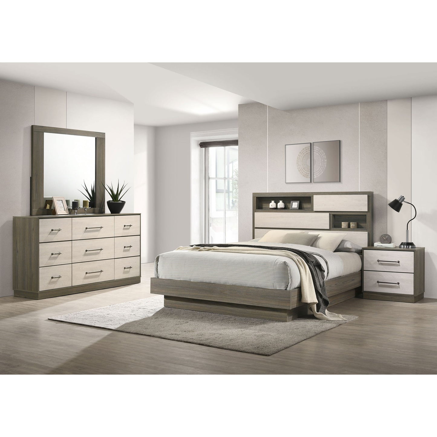 4 Piece Queen Bedroom Set With Built In Storage And Mirror - Oak