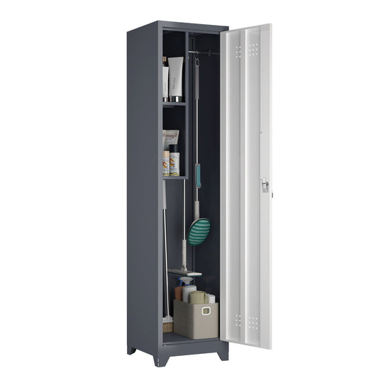 Broom Storage Cabinet Narrow Slim With Hooks And Shelves, Heavy-Duty