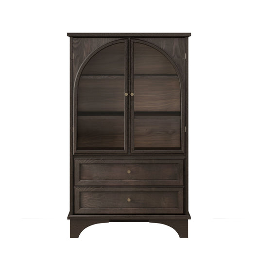 Glass Door Display Case With 2 Drawers And Adjustable Shelf