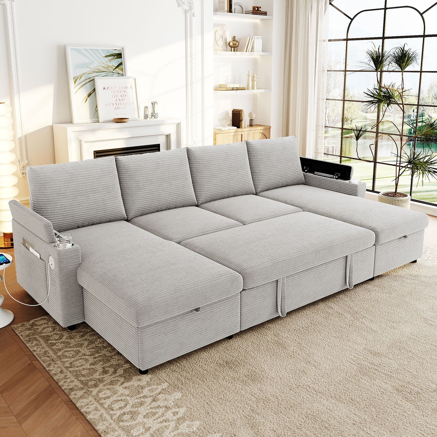 U Shaped Sectional Sofa Bed With Storage Chaise Lounges, USB Ports, And Cup Holders