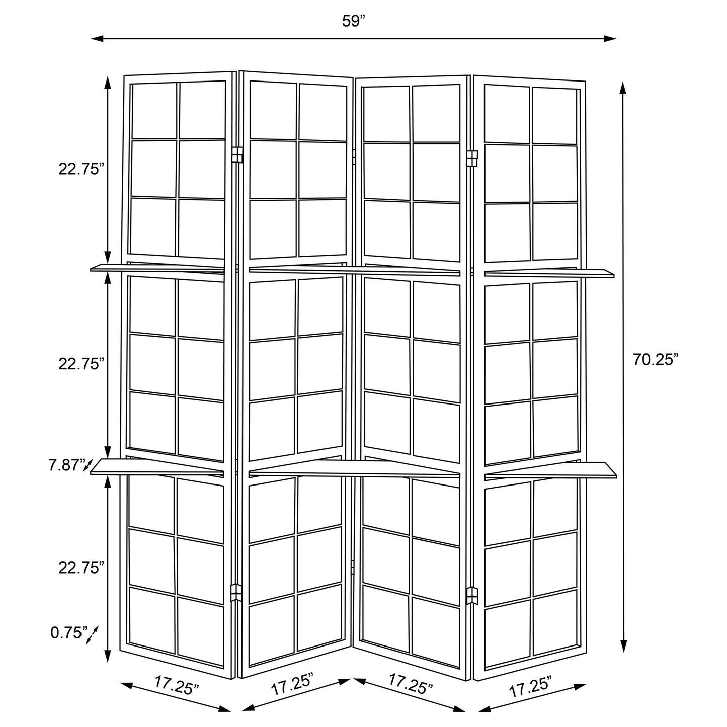 4 Panel Folding Screen With Shelves - Brown
