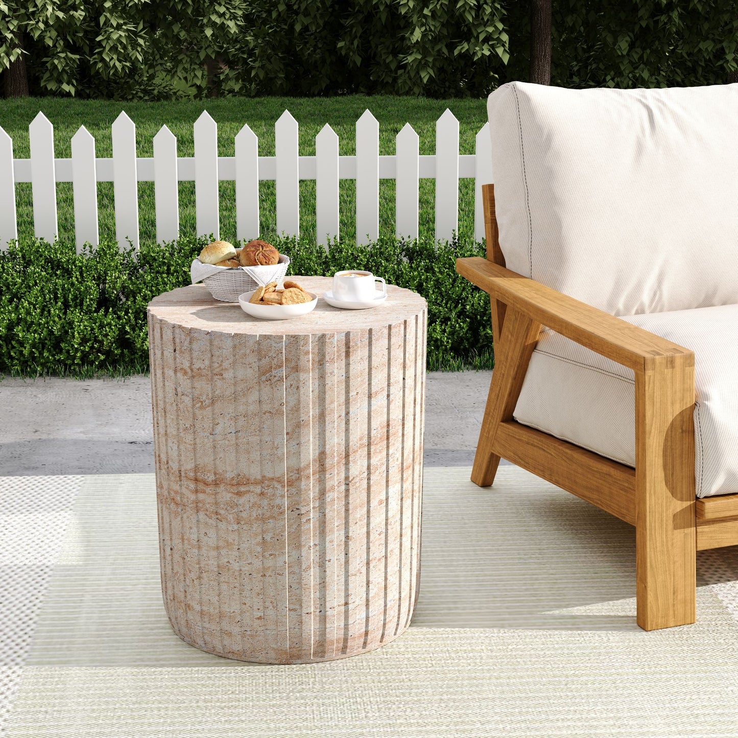 Elegant Outdoor / Indoor Lightweight Concrete Side Table With Travertine - Beige
