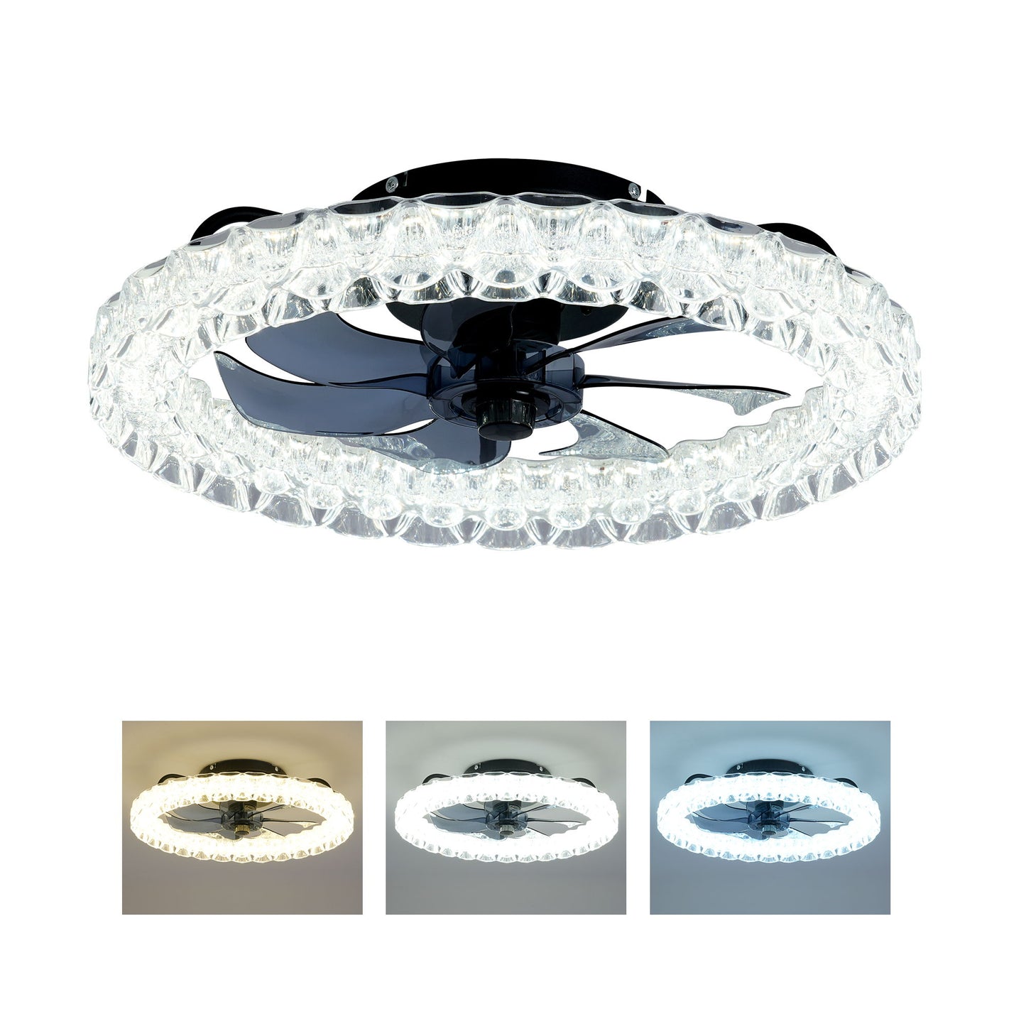 LED Light Source And Remote Control, 3000 - 6500K Dimmable Flush Mount LED Fan Light, 6 Speeds, Quiet DC Motor - Matte Black
