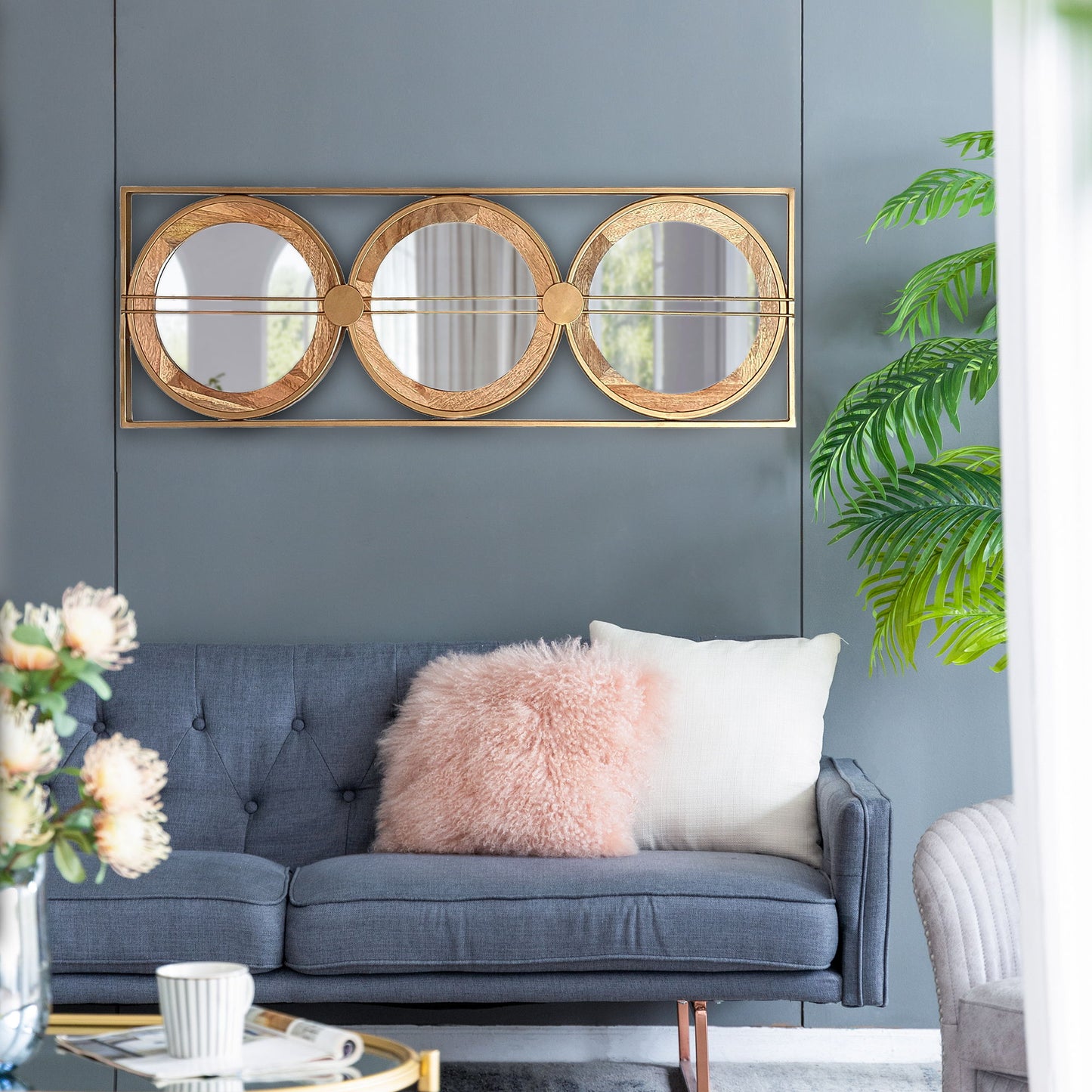 3 Mirror Piece Wall Mirror InRectangular Frame, Home Wall Decor For Bedroom Living Room - Brown