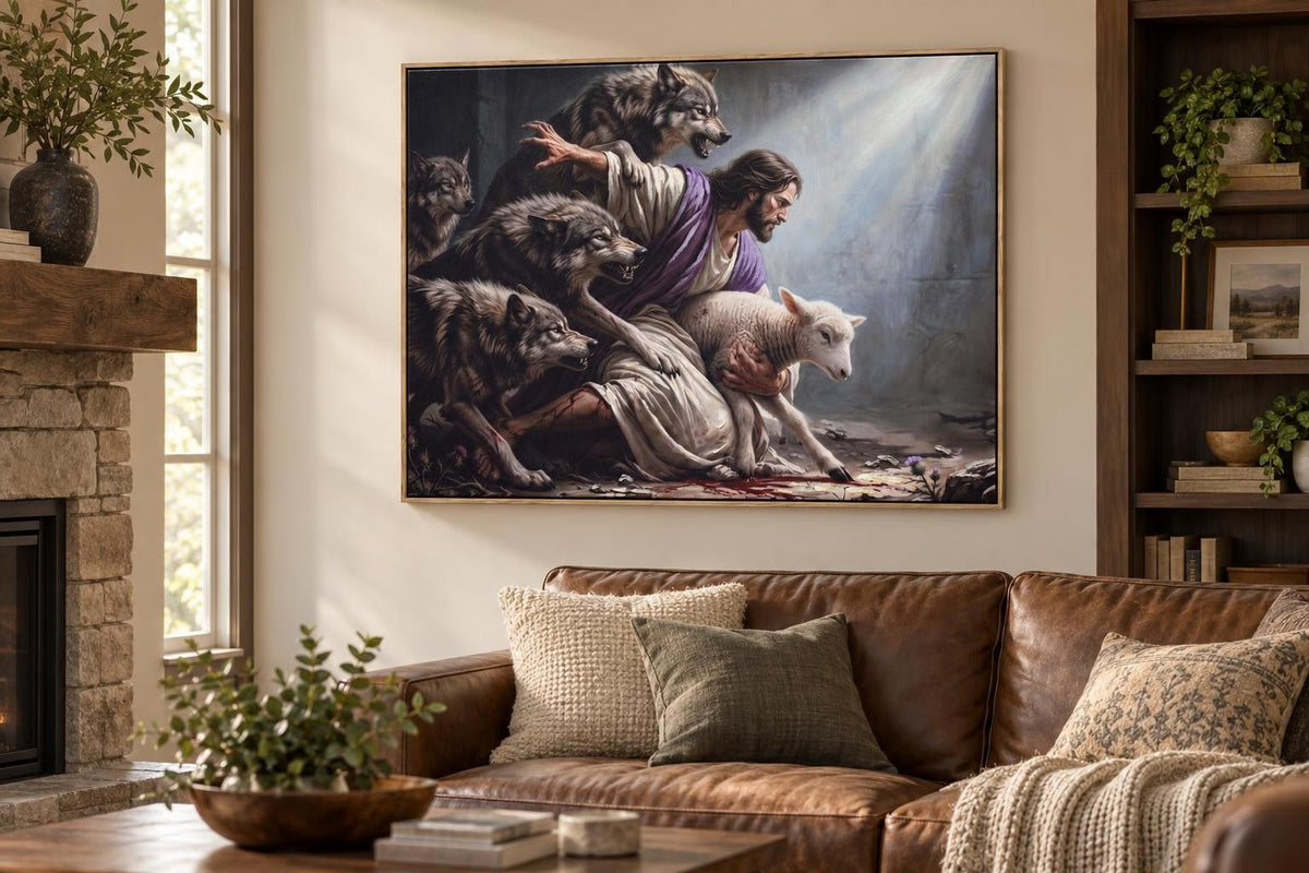 Refuge In His Arms - 48 X 36 - Hand-Embellished Canvas In Frame - Gray, White, Purple