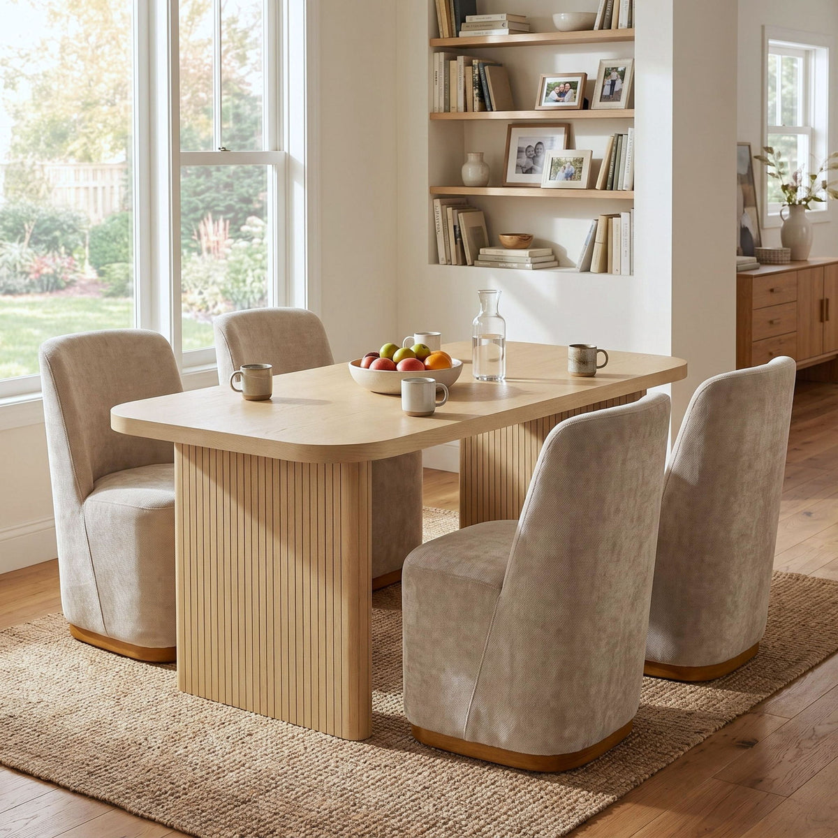 Dining Table Set With 4 Upholstered Dining Chairs, Indoor Dining Room Furniture - Natural / Oatmeal