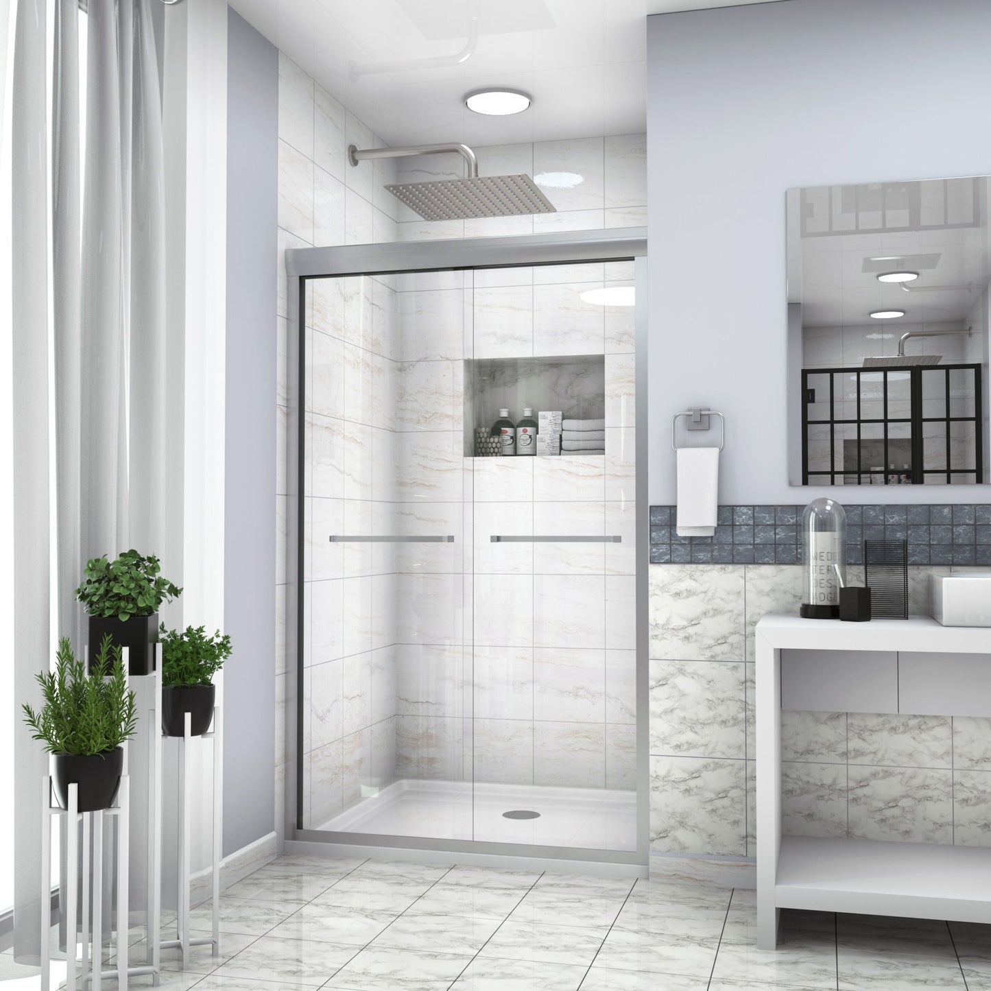Modern Double Sliding Shower Enclosure, Tempered Glass
