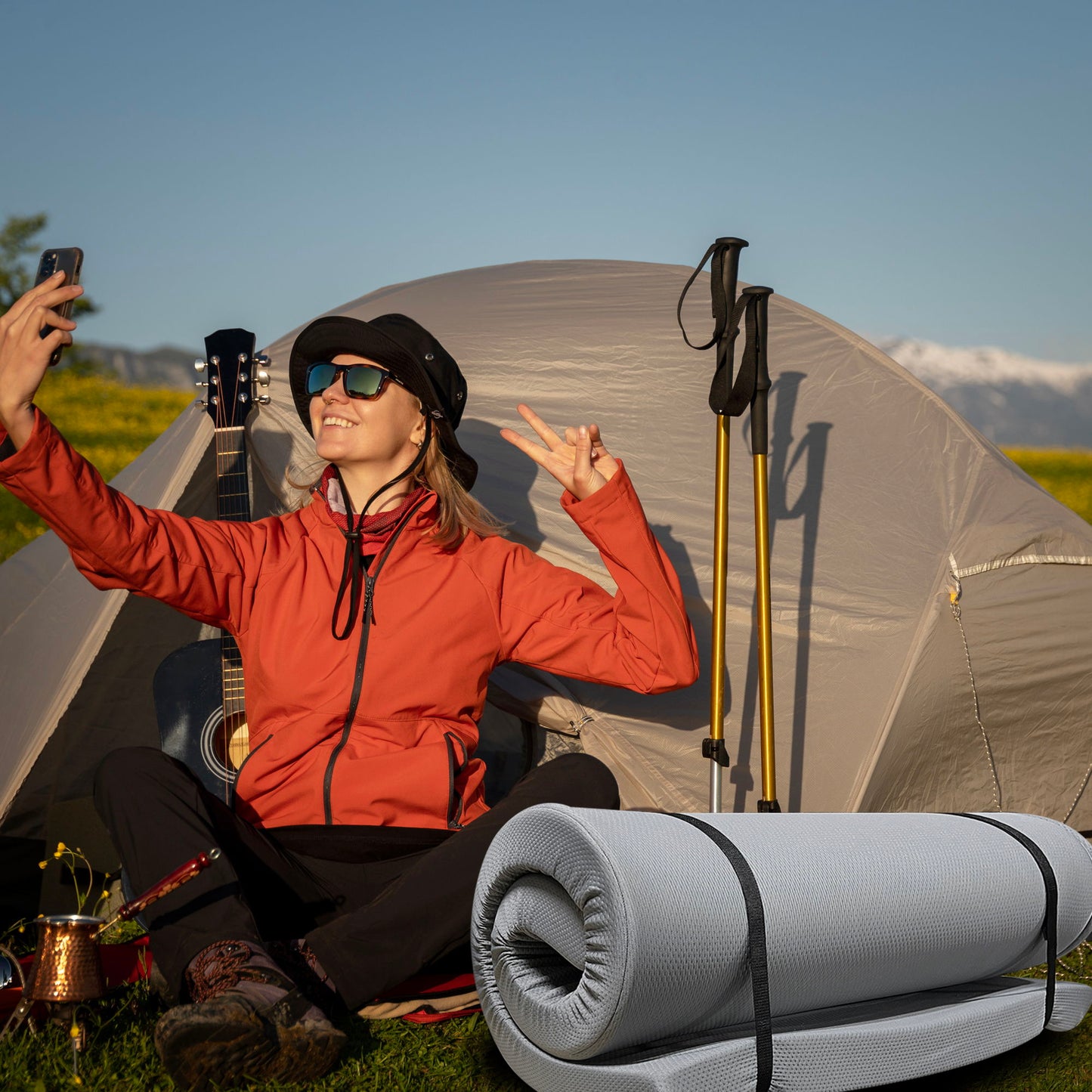 Memory Foam Camping Mattress Foldable, Portable With Water Resistant Cover - Gray