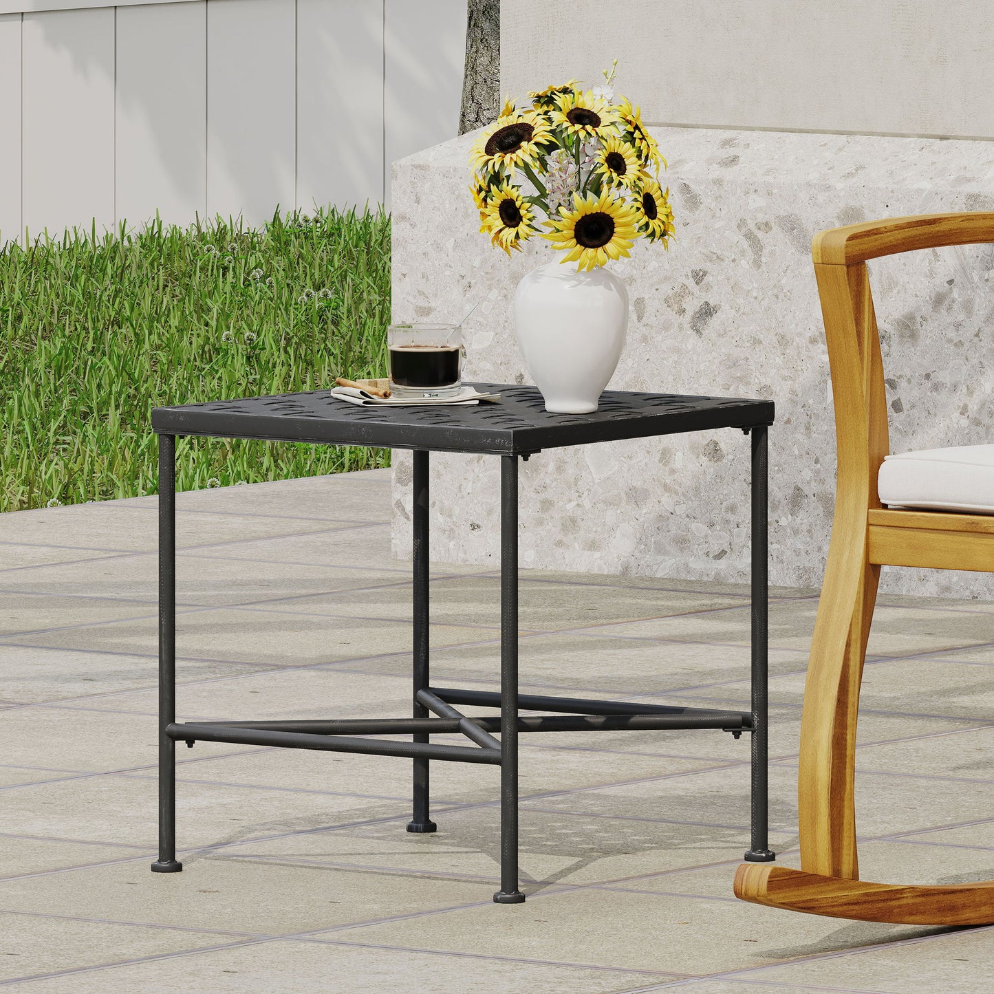 Outdoor Square Side Table With X Shaped Iron Frame - Black