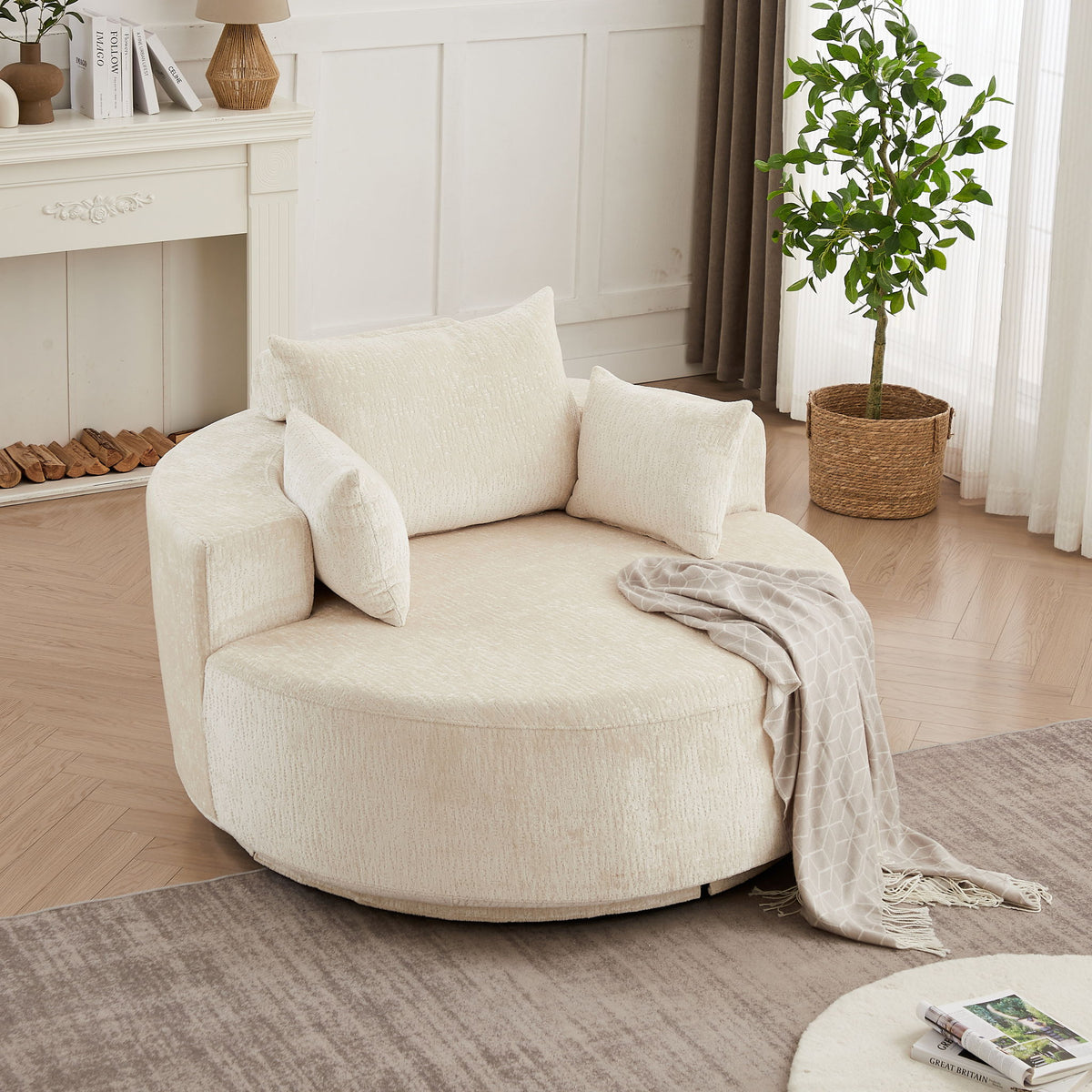 Swivel Chair, Sleeper Design, 360 Degree Rotating Base For Living Room - Beige