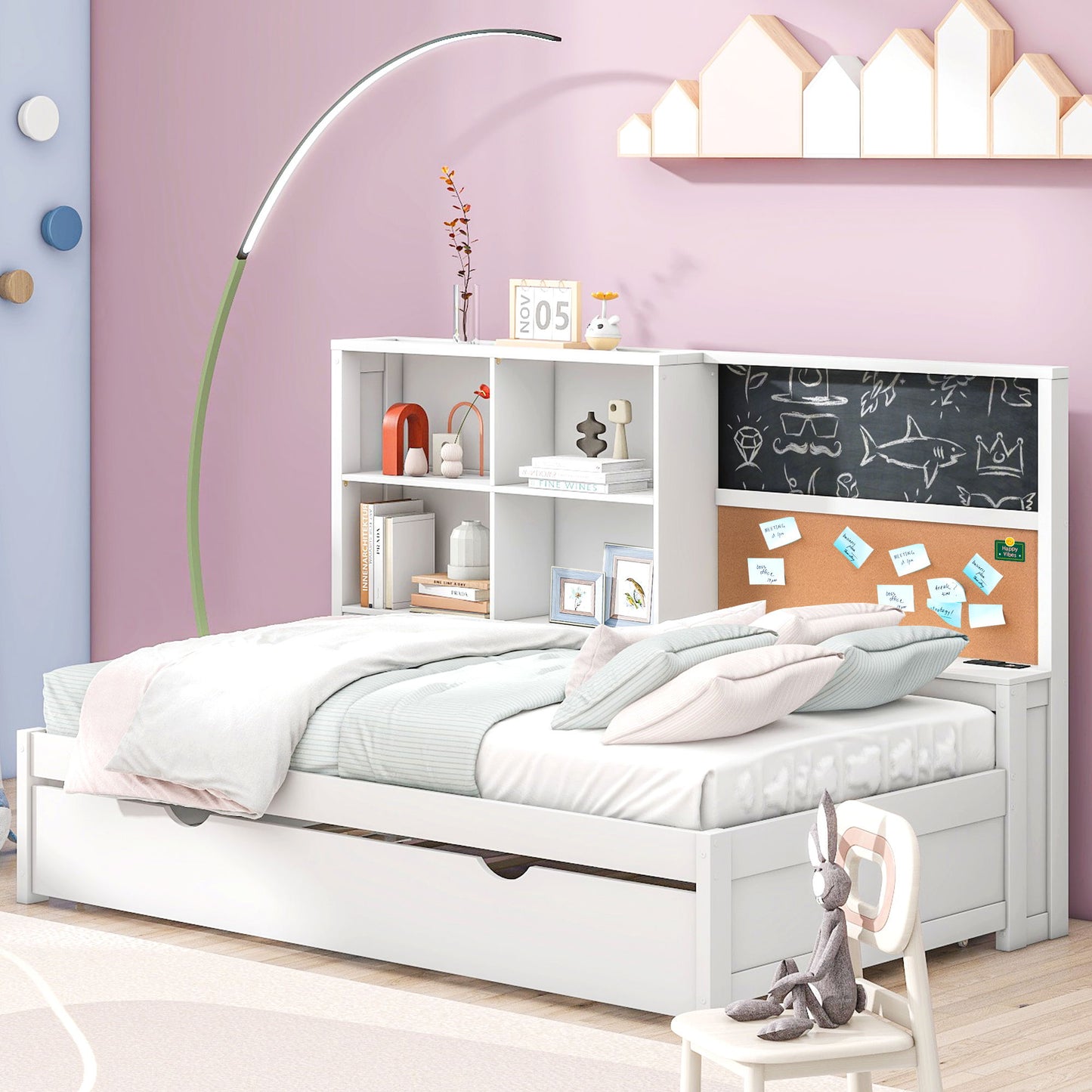 Twin Size Daybed With Storage Shelvesboard, Cork Board, USB Ports And Trundle - White