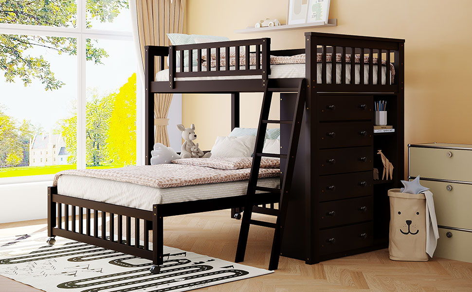 Bunk Bed With 6 Drawers And Flexible Shelves, Bottom Bed With Wheels