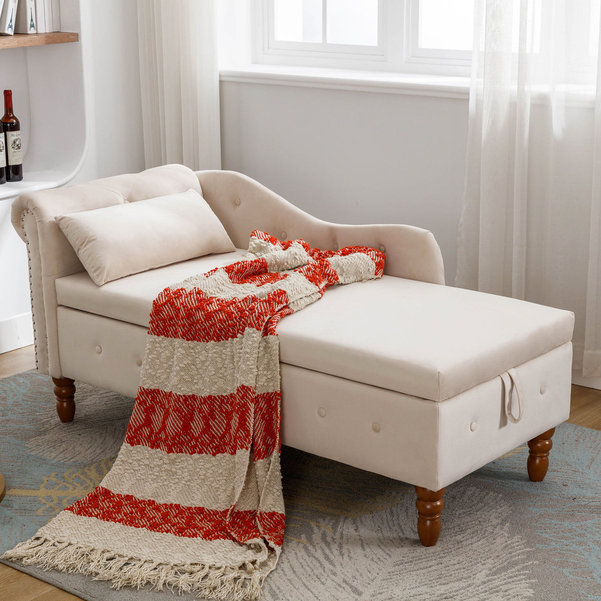 Chaise Lounge Indoor, Lounge Chair For Bedroom With Storage & Pillow, Modern Upholstered Rolled Arm Chase Lounge For Sleeping With Nailhead Trim For Living Room Bedroom Office