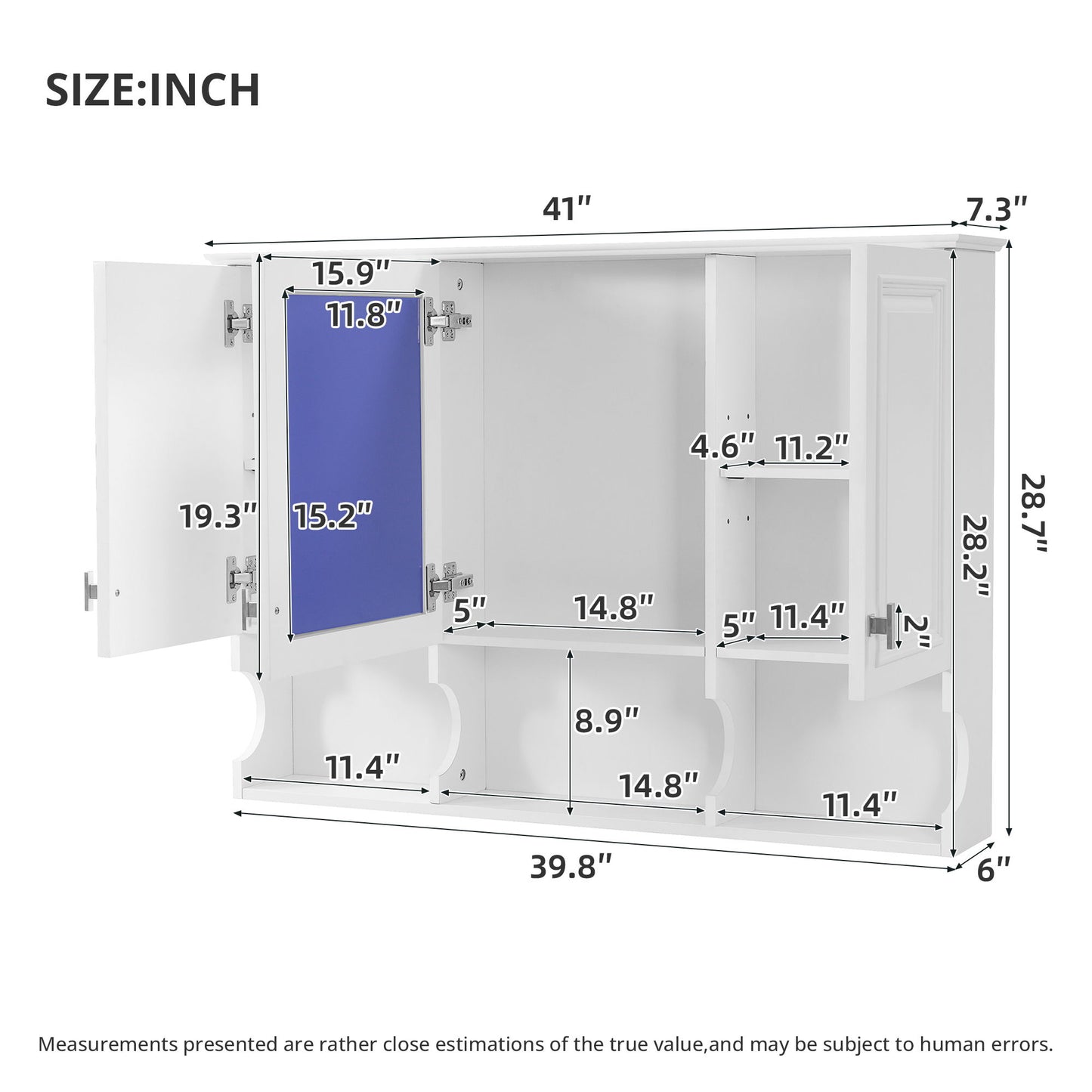 Modern Wall Mounted Mirror Medicine Cabinet With Open Shelves, Adjustable Interior, Storage Over Toilet