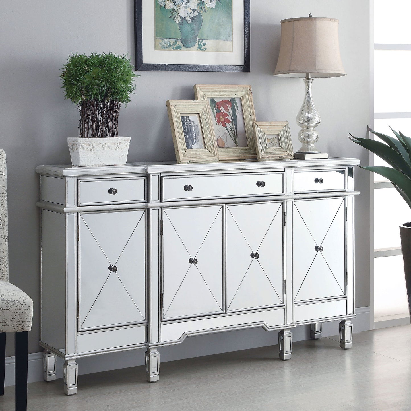 Battista - Mirrored 3 Drawer Wine Cabinet - Silver