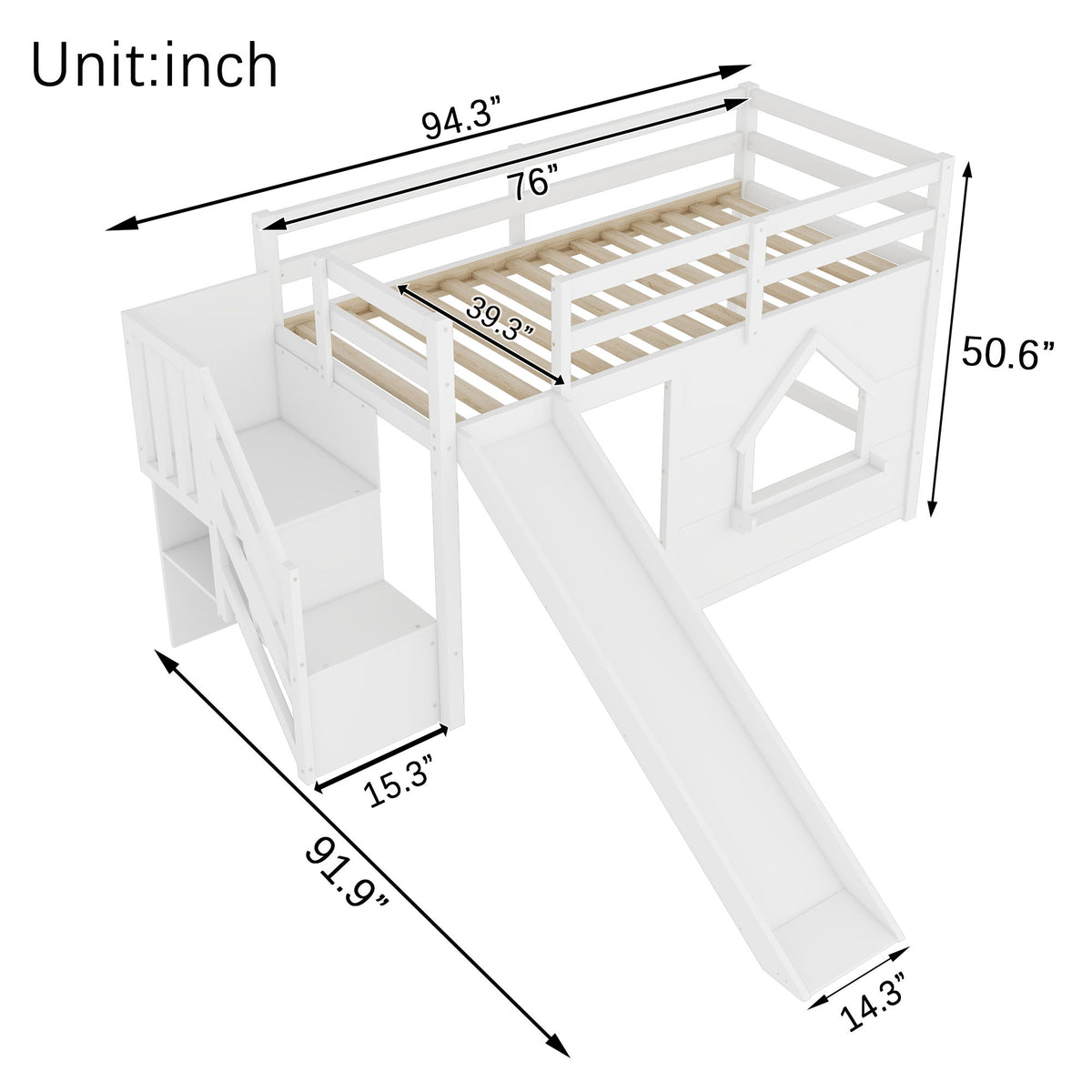 Loft Bed With Storage Stairs, Slide, Playhouse Window And 7 Colors LED Lights