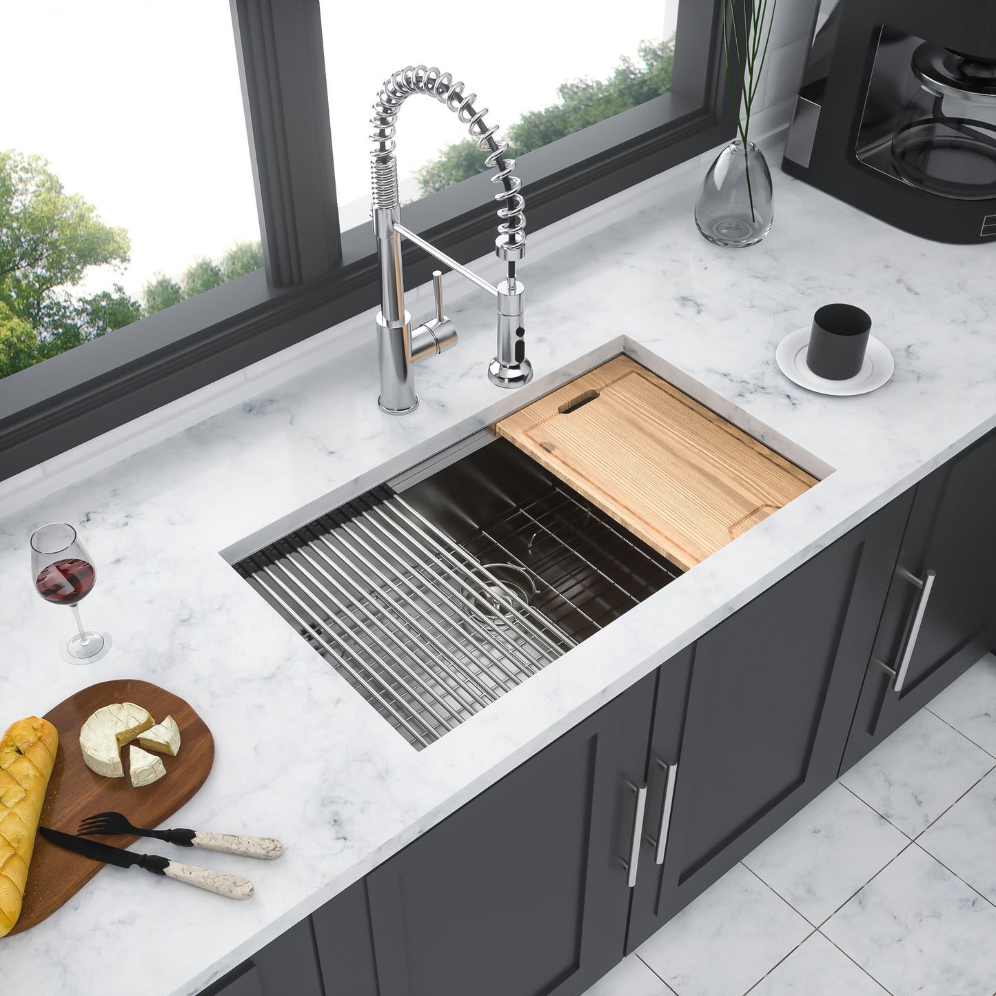 33" Undermount Kitchen Sink Single Bowl Stainless Steel Ledge Workstation In Brushed Nickel, 16 Gauge 304 Stainless Steel, 33 X 19 X 9 Inch