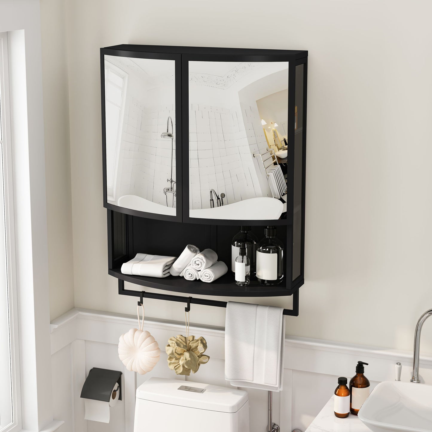 Arched Glass Double Door Wardrobe With Shatterproof Mirror, Open Shelf & Towel Rack