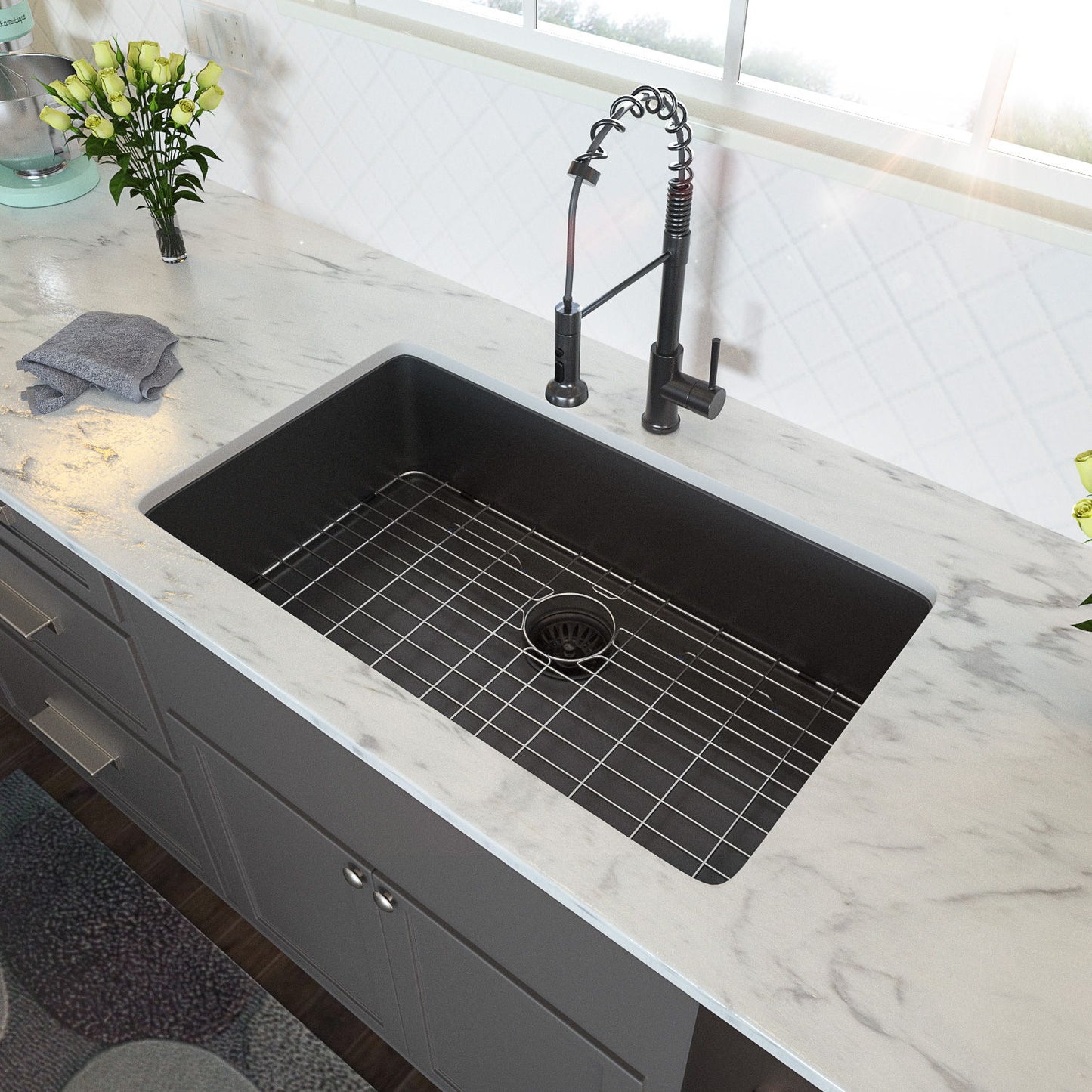28" Undermount Kitchen Sink 16 Gauge 10" Deep Single Bowl - Gunmetal Black