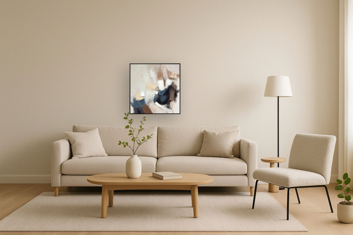 Modern living room with beige sofa, wooden coffee table, and decorative elements.
