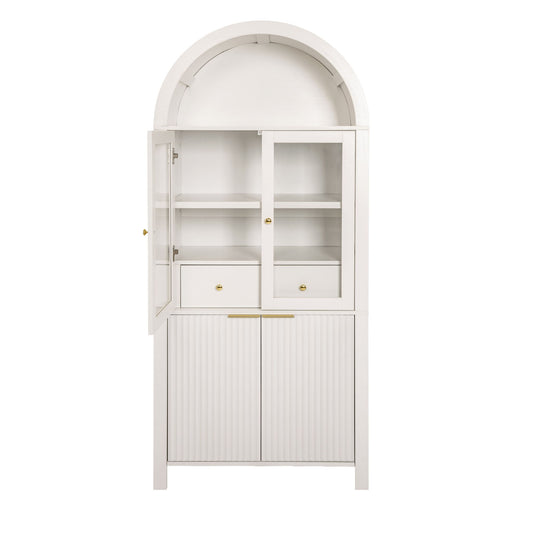 Fluted Tall Arched Pantry Cabinet With Adjustable Shelves, Glass Door & Hidden Drawer For Kitchen