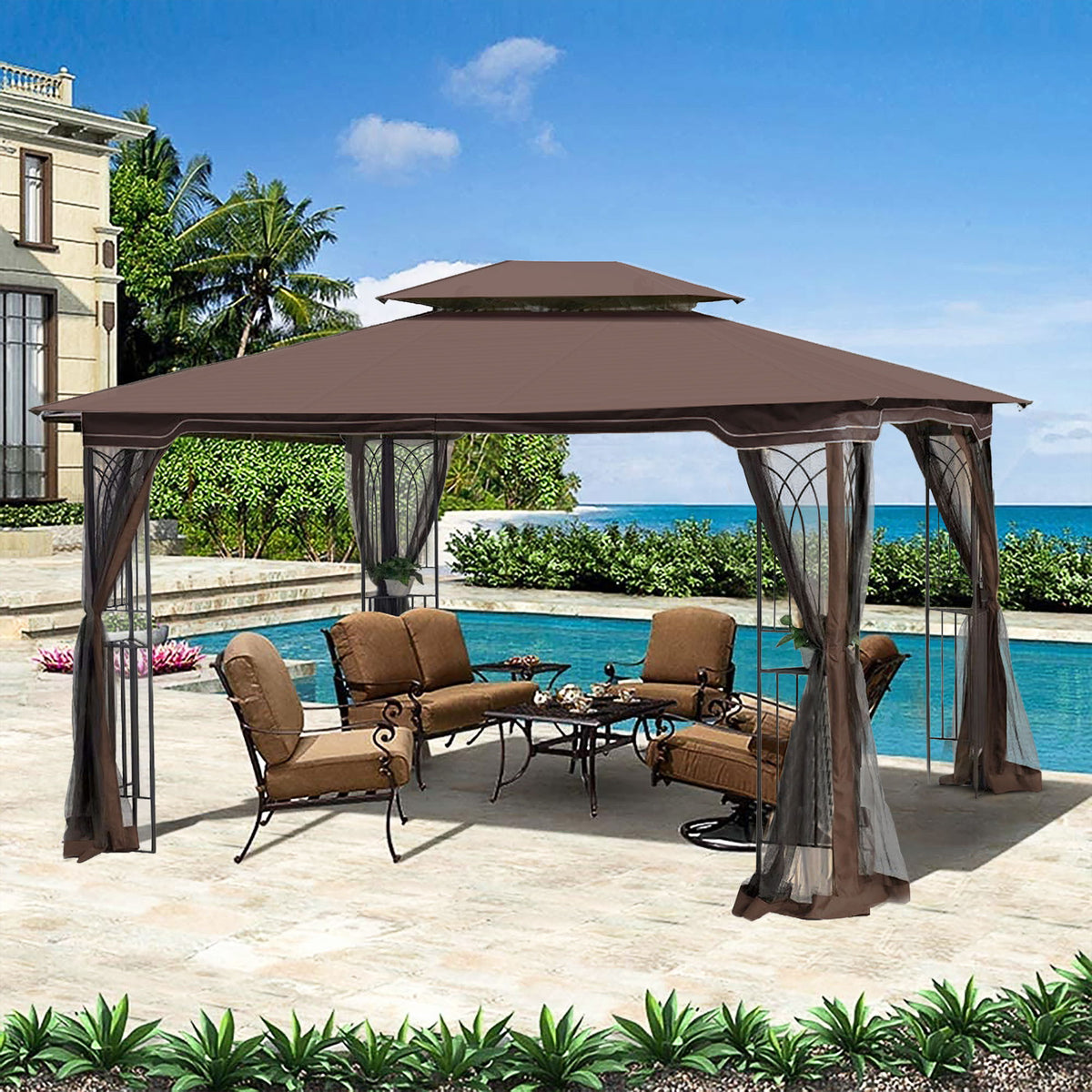 13 0 Outdoor Patio Gazebo Canopy Tent With Ventilated Double Roof And Mosquito Net (Detachable Mesh Screen On All Sides) Suitable For Lawn Garden Backyard And Deck Top - Brown