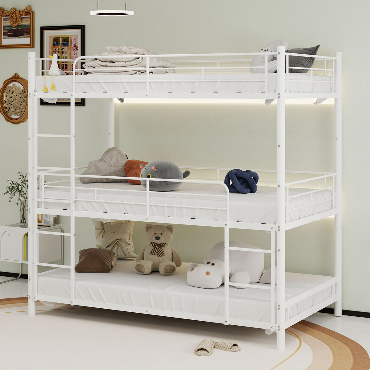Triple Twin Bed With Built In Ladder And Full Length Railing, No Springs Required - White