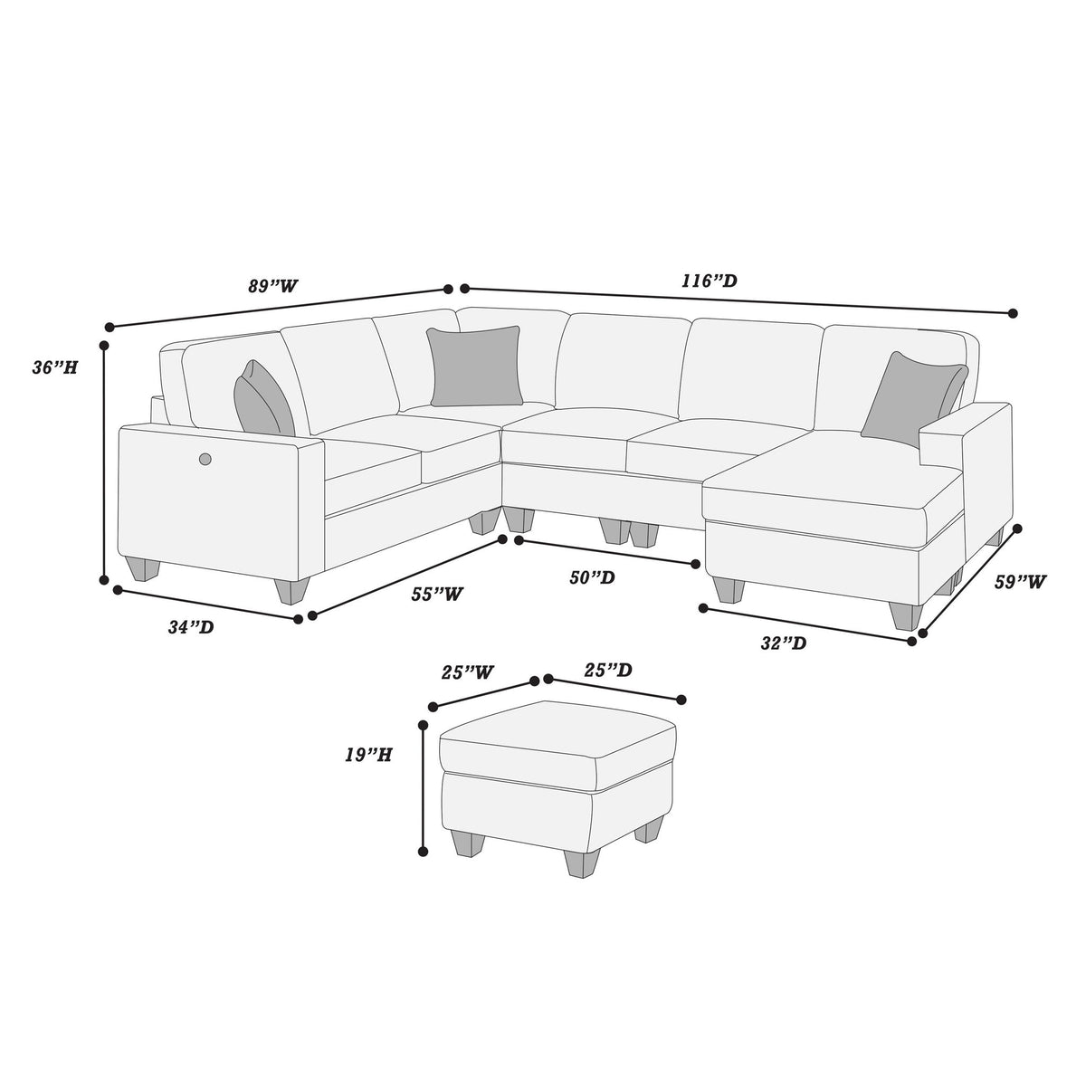 5 Piece Sectional Set With Left Arm Loveseat With USB Port
