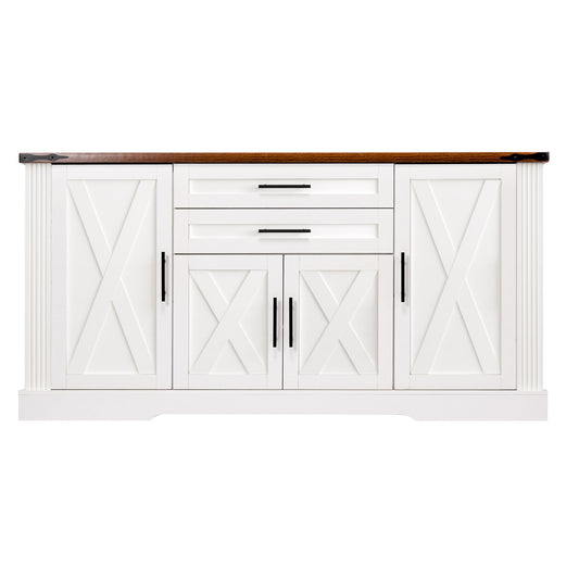 Barn Door Storage Cabinet With 2 Drawers & Door Rack, Adjustable Shelves