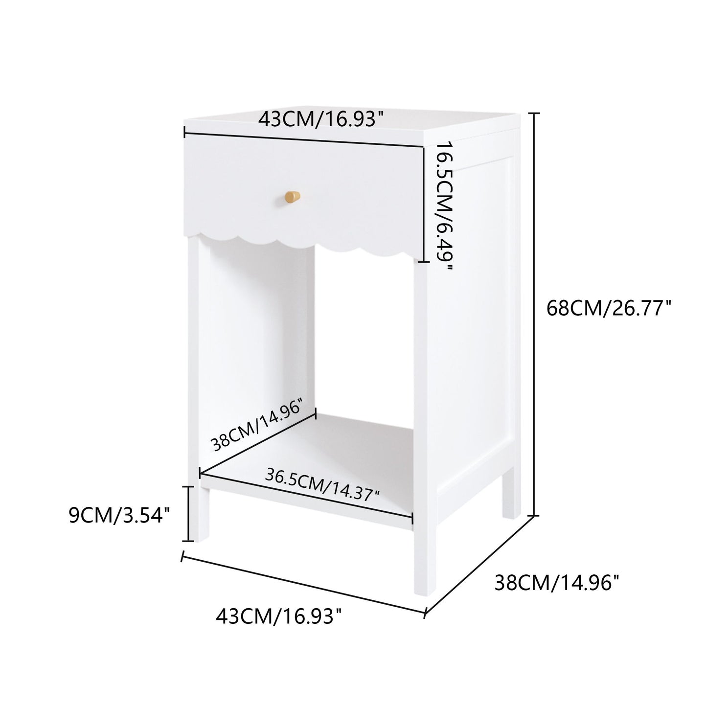 Nightstand With Drawer And Open Shelf, Scalloped Edge Bedside Table