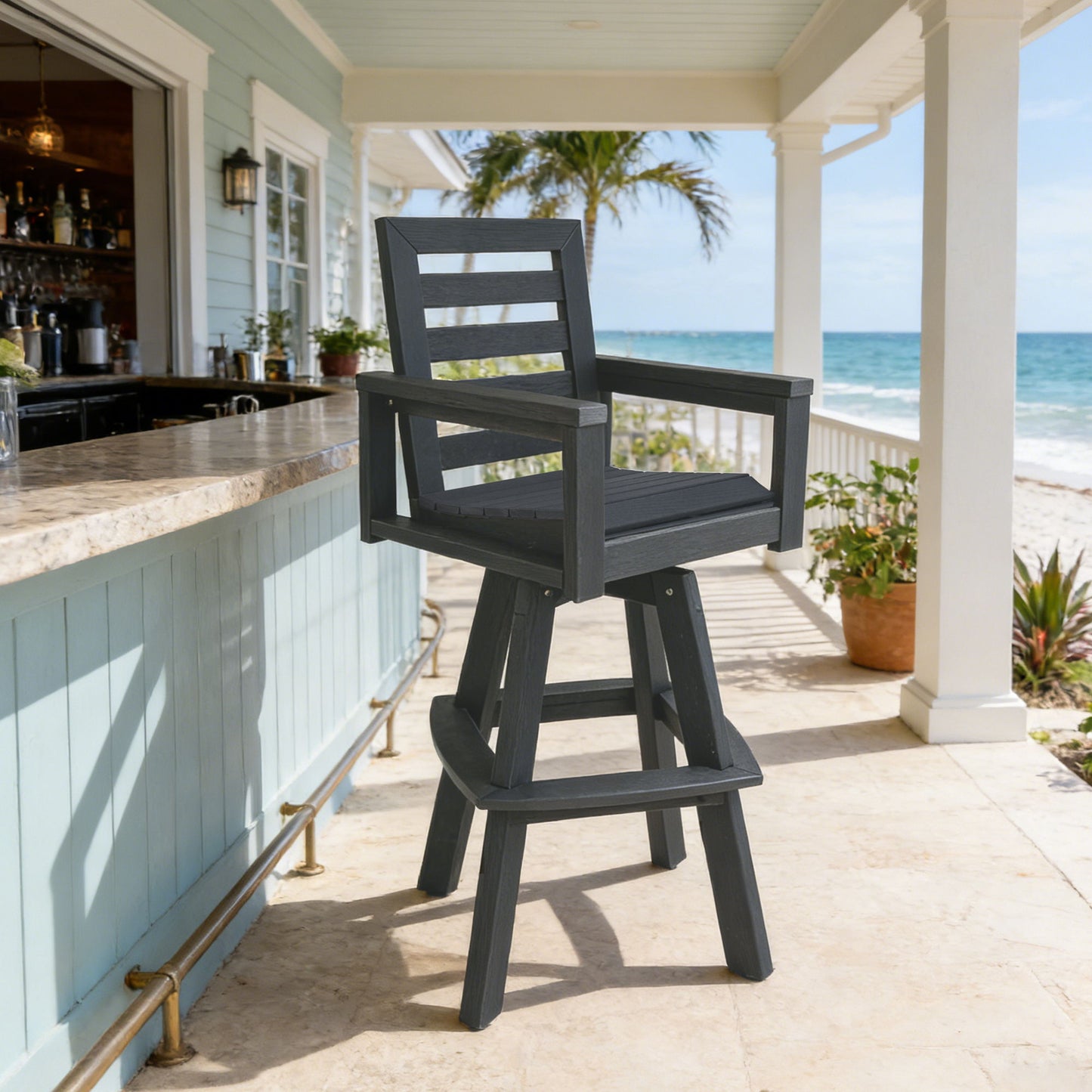 Outdoor Swivel Bar Chair, Ladderback With Wide & Thickened Frame