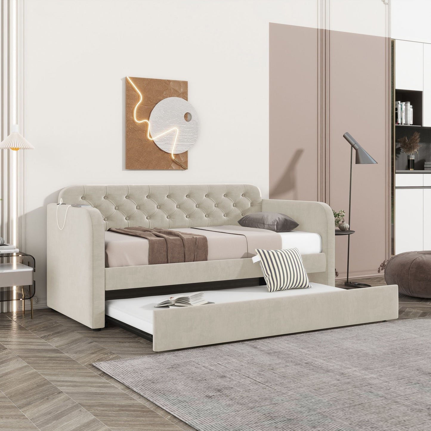 Upholstered Daybed With Trundle And USB Charging Design