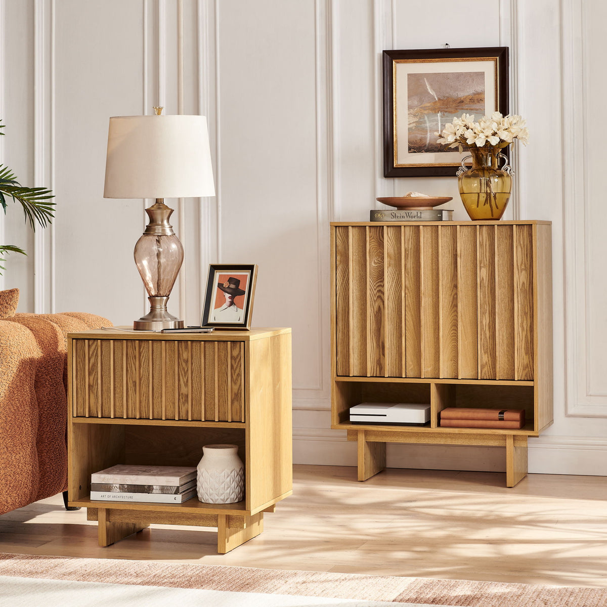 Sideboard Buffet Cabinet With Grille Slat Design With 3 Doors And Adjustable Shelves