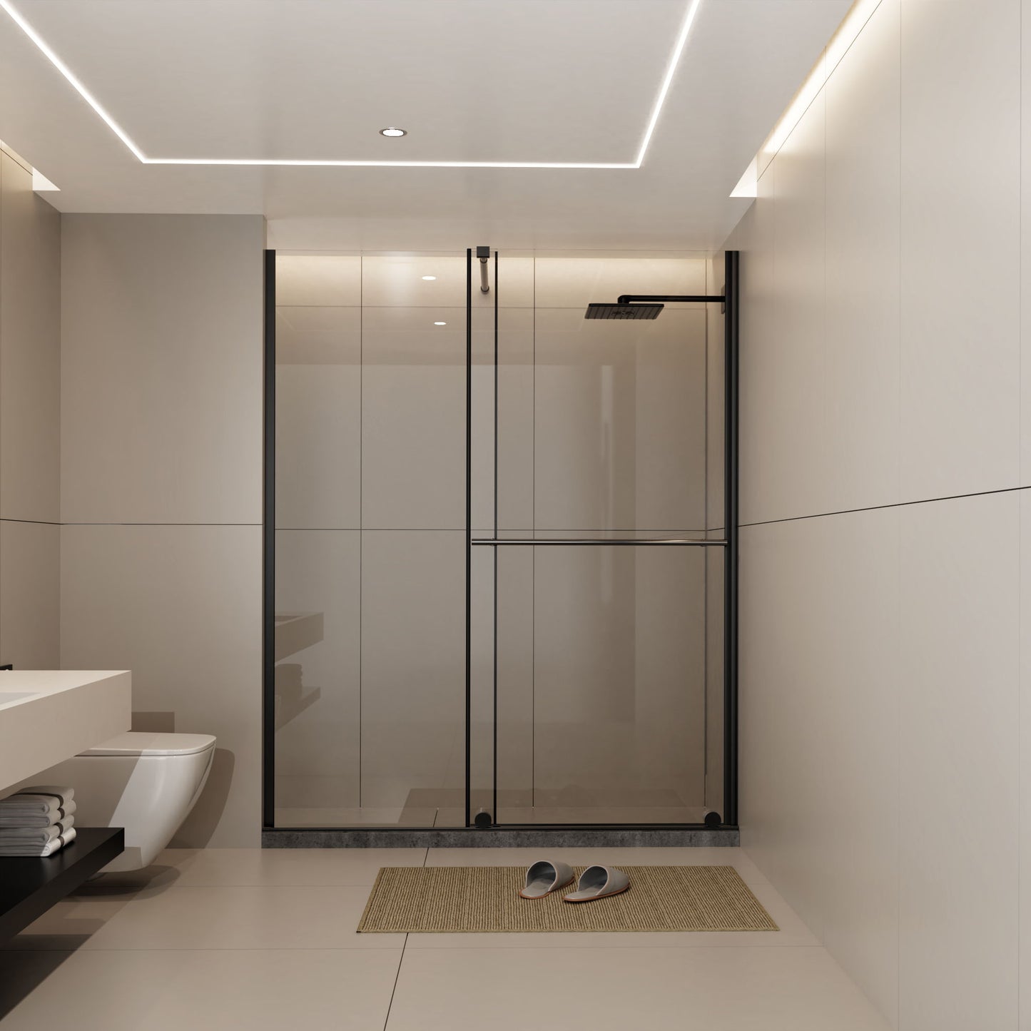 Glass Shower Door, Shower Sliding Door Walk In Shower Screen Dual Usage, 1 / 4" Thick Glass Panel With Stainless Steel Handle, Supporting Bar - Black