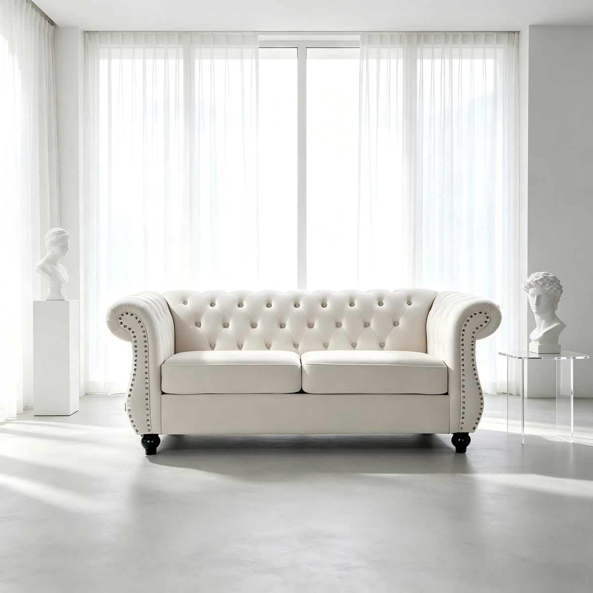 Chesterfield Button Tufted Loveseat With Rolled Arms - Ivory
