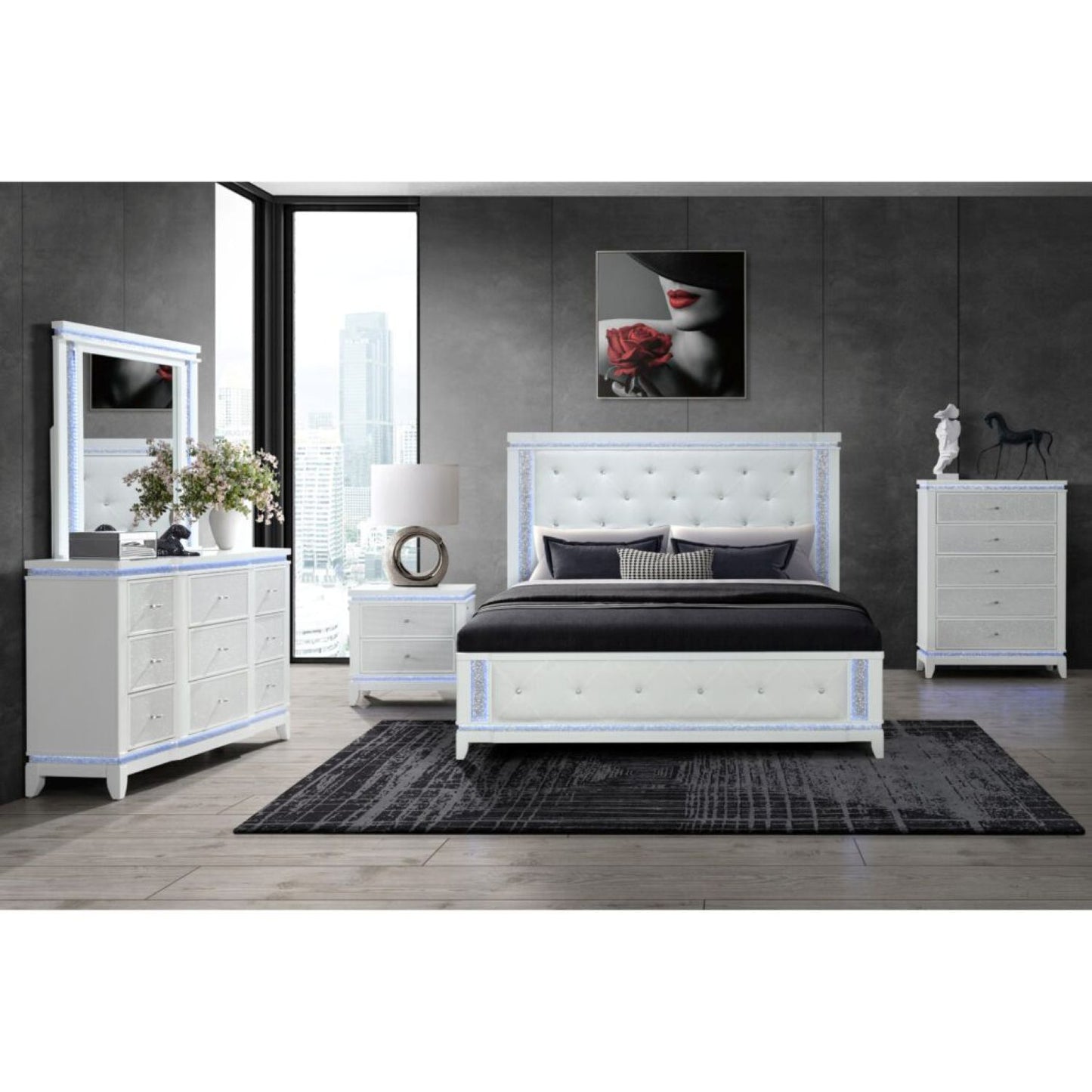 Adalid - Dresser With LED Light And Glittered Drawer Fronts - White