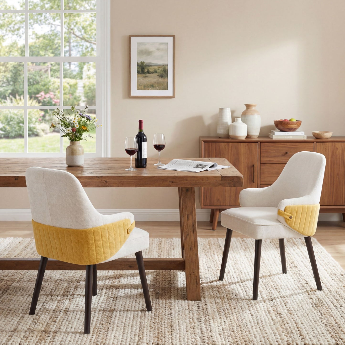 Indoor Dining Chair (Set of 2) With Sturdy Frame - Beige / Yellow