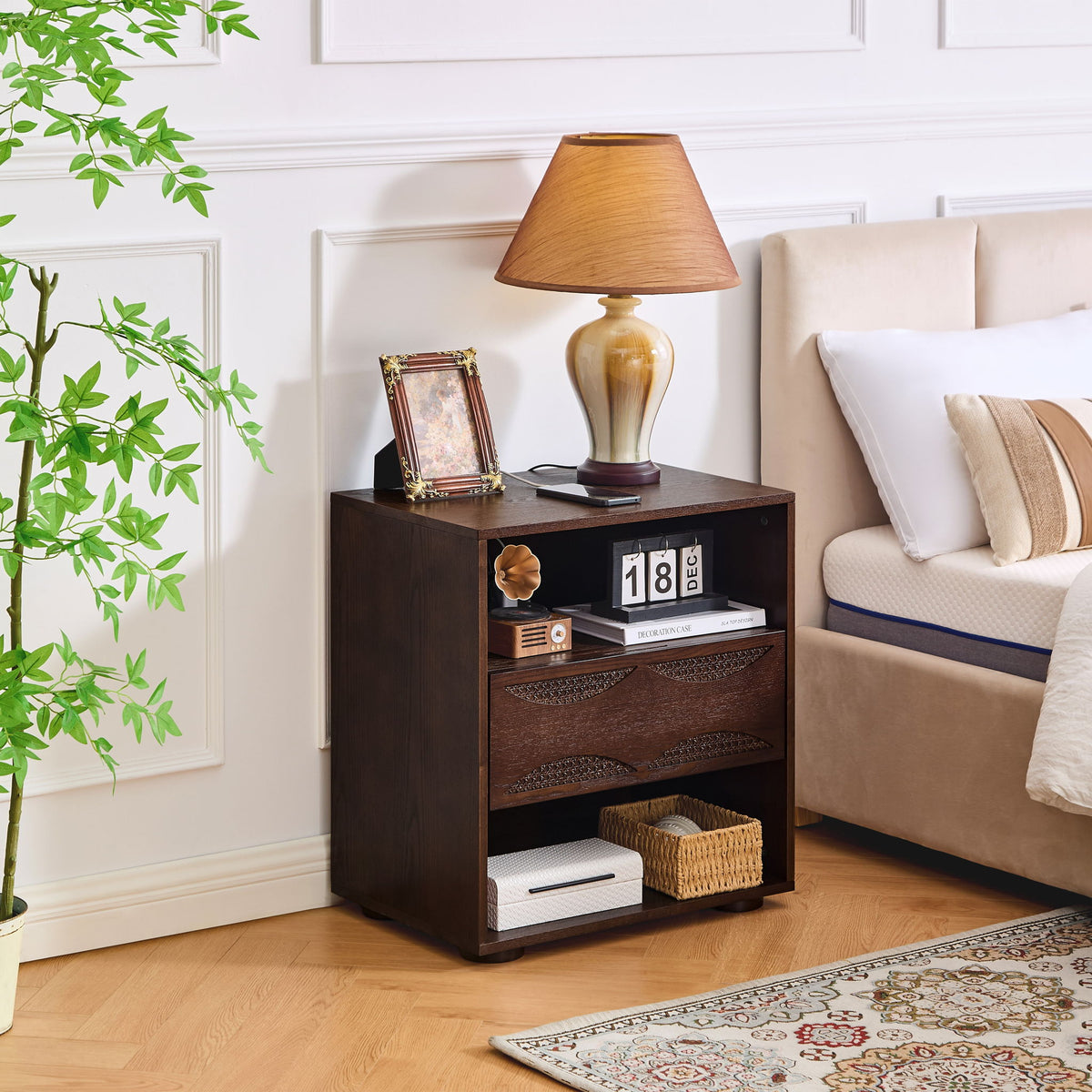 Nightstand With USB Ports & Outlet Hole, End Table With Drawer