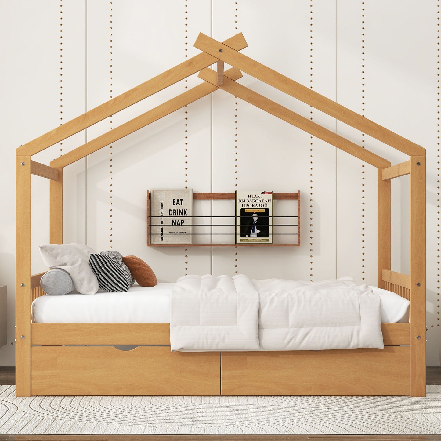 House Style Platform Bed With Headboard, Footboard, 2 Drawers, And Roof Design