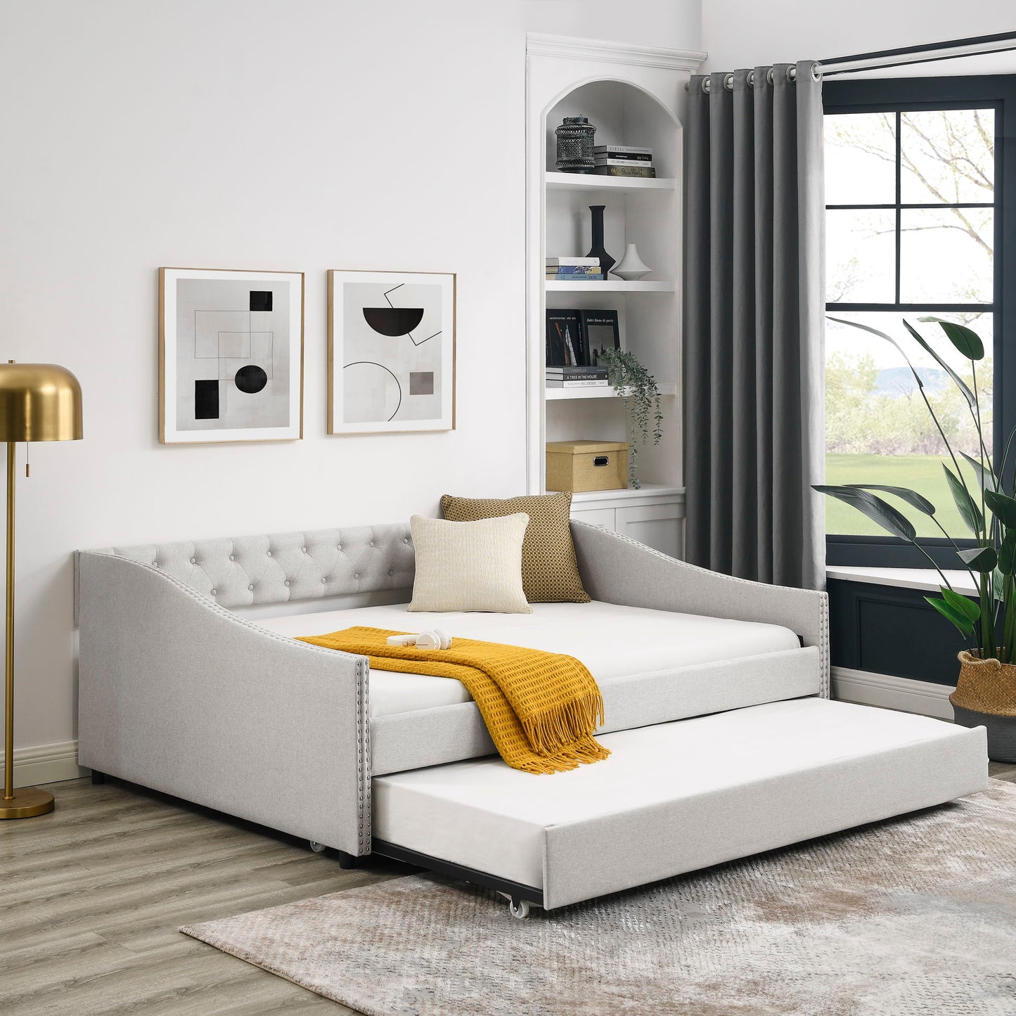 Upholstered Tufted Daybed With Drawers, Waved Arms