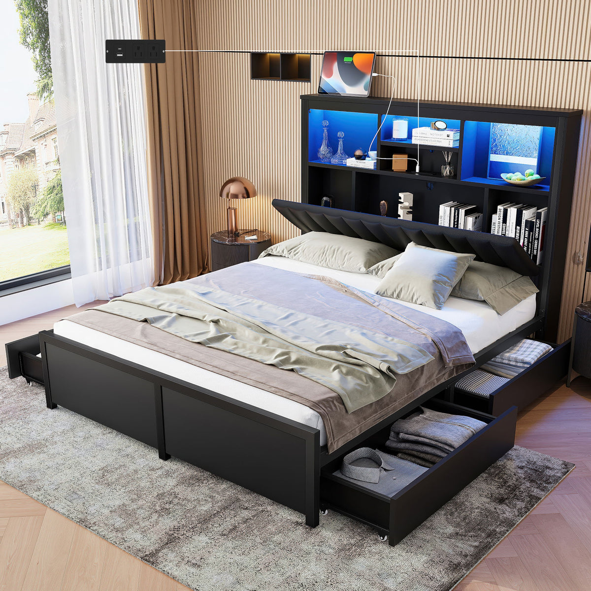 Queen Bed Frame With High Storage Headboard, LED Light And Charging Station, 4 Storage Drawers - Black