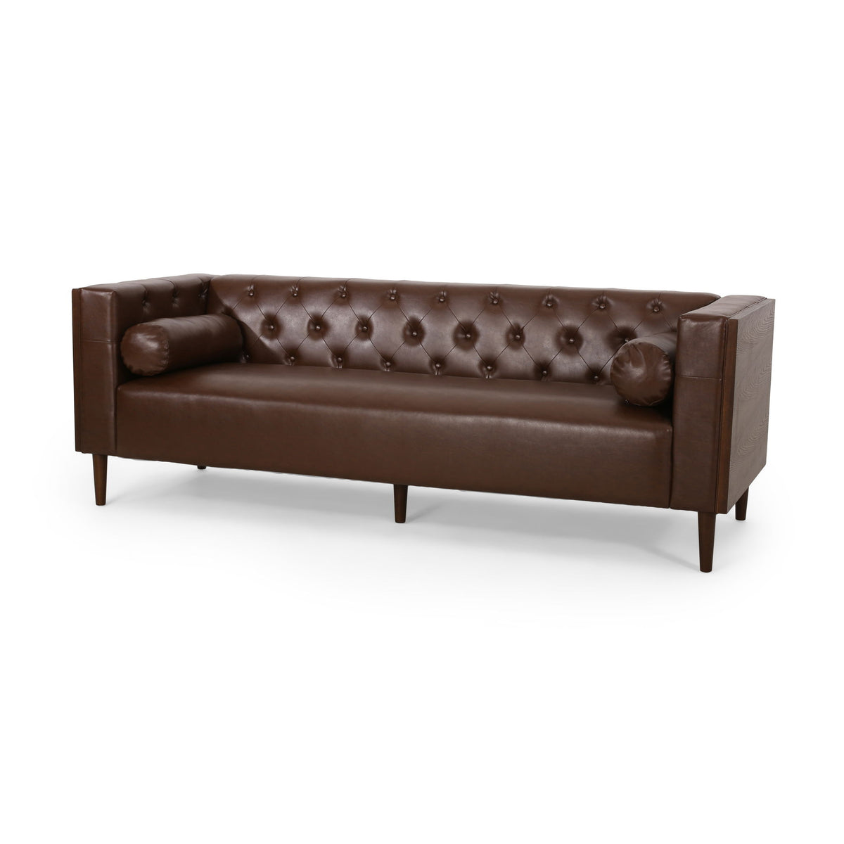 Contemporary 3 Seater Sofa With Tufted Diamond Stitch And Rolled Accent Pillows - Dark Brown
