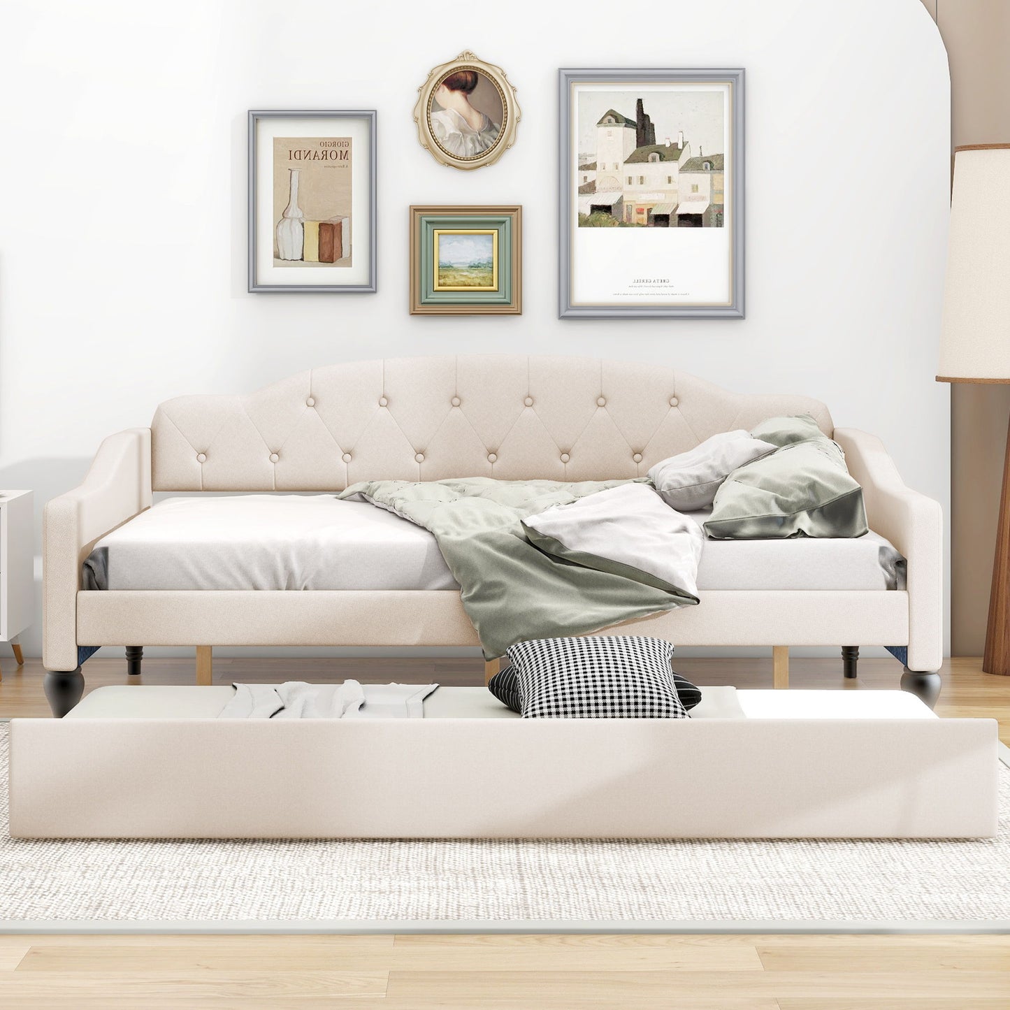 Upholstered Tufted Full Size Daybed With Twin Trundle - Beige