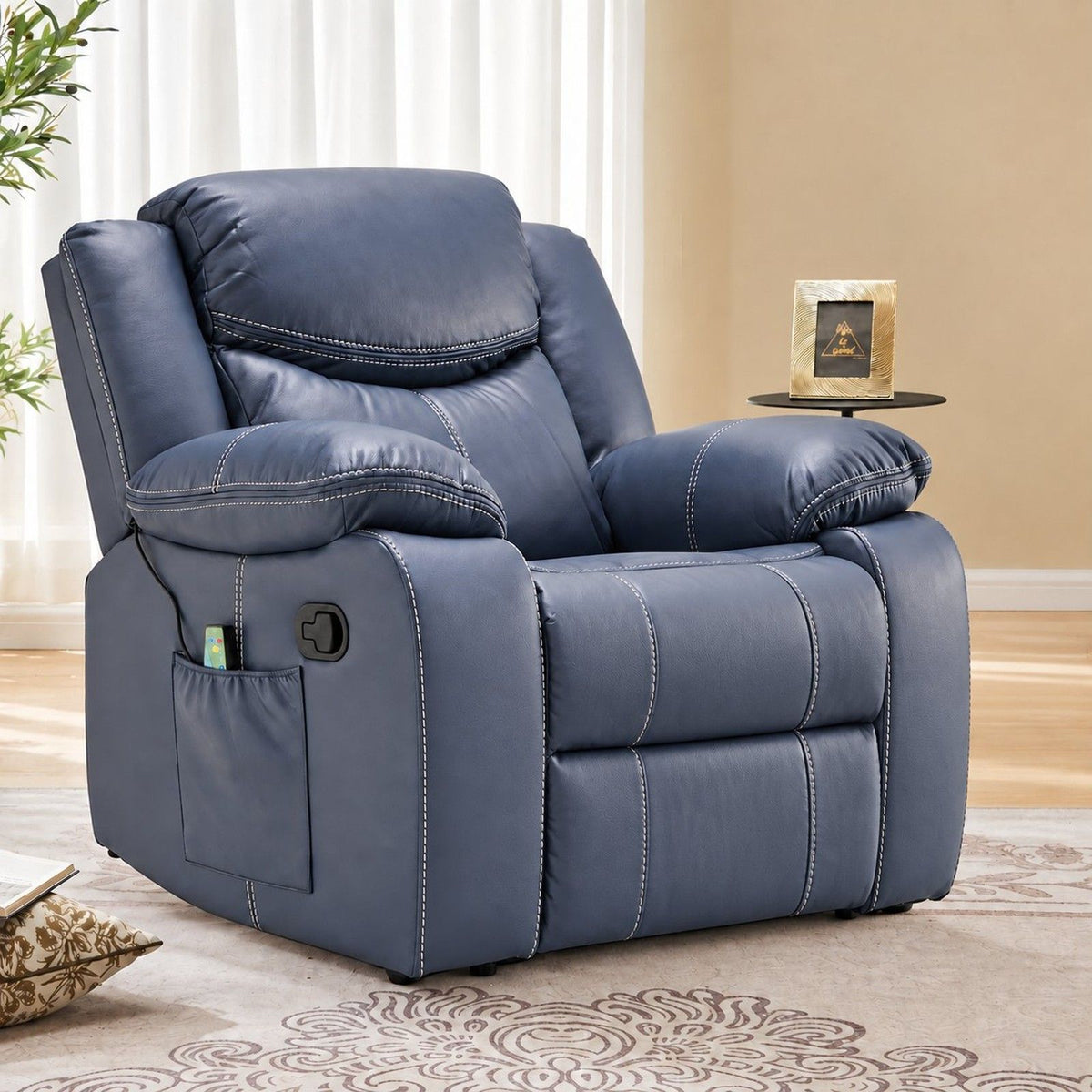 Manual Recliner Chair With Massage And Heat, Side Pocket, Wired Controller For Living Room - Blue