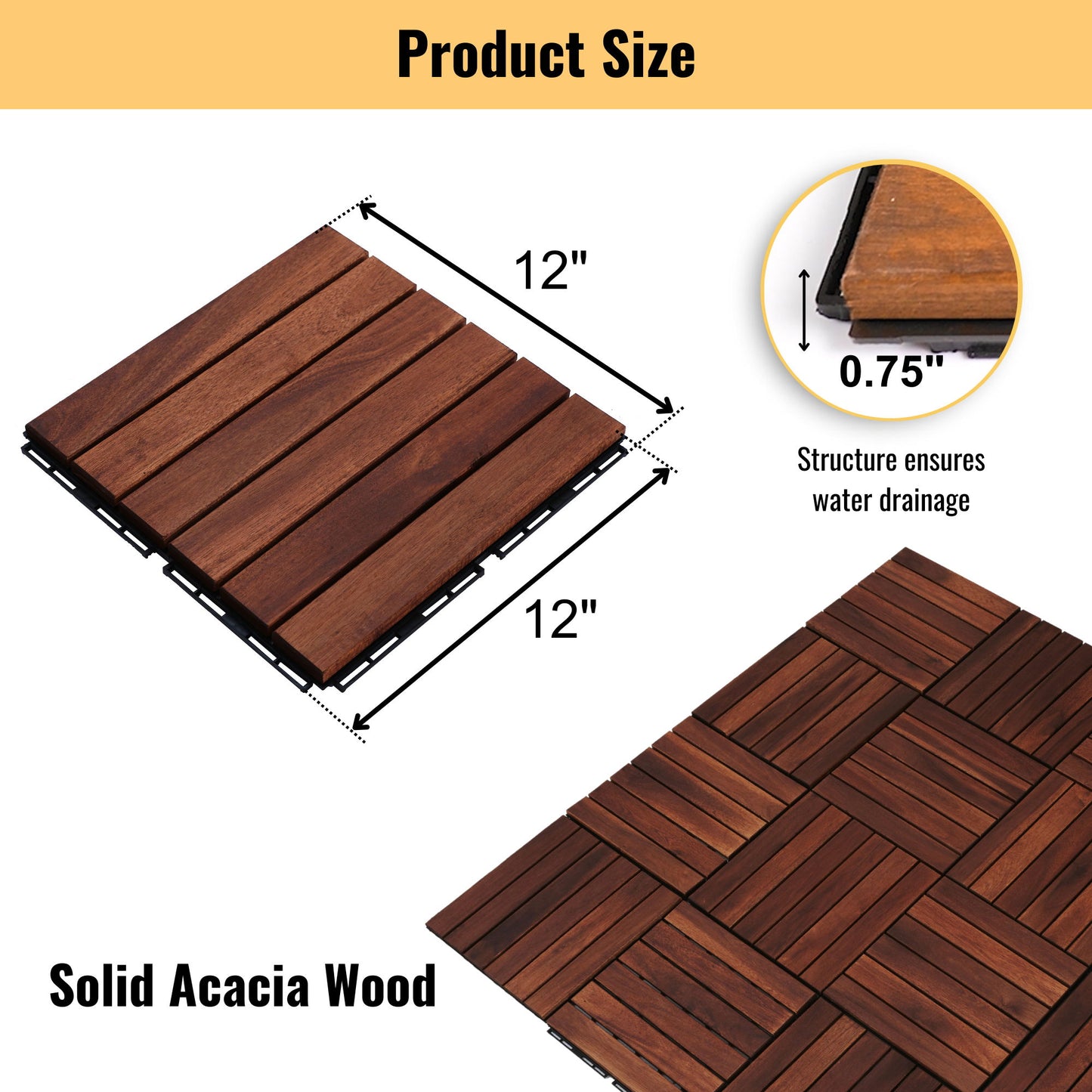 Interlocking Deck Tiles Striped Pattern, Waterproof Anti Mildew Brown